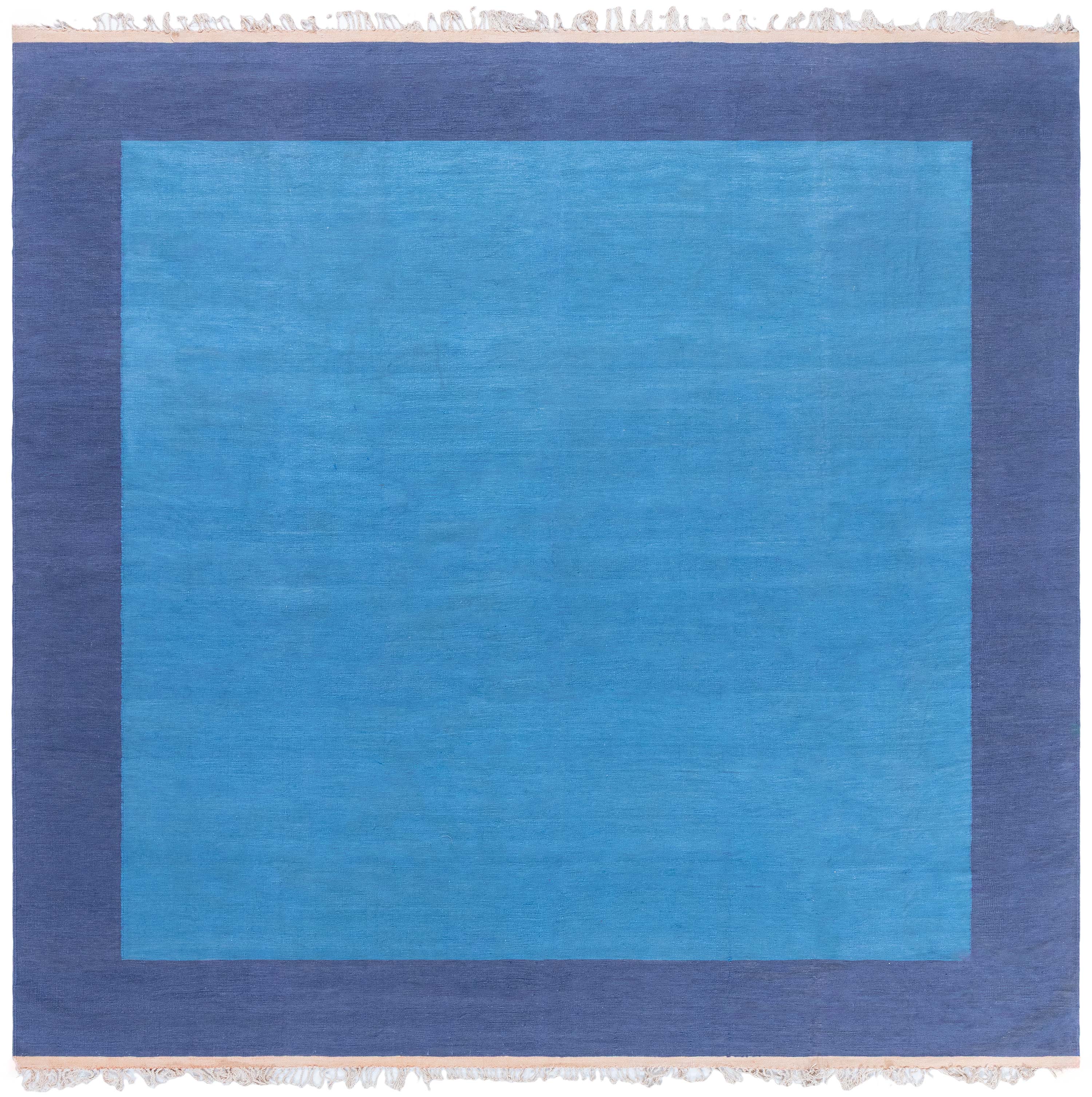 Doris Leslie Blau Mid-Century Dhurrie Blue With Navy Blue Flatweave Cotton Rug For Sale