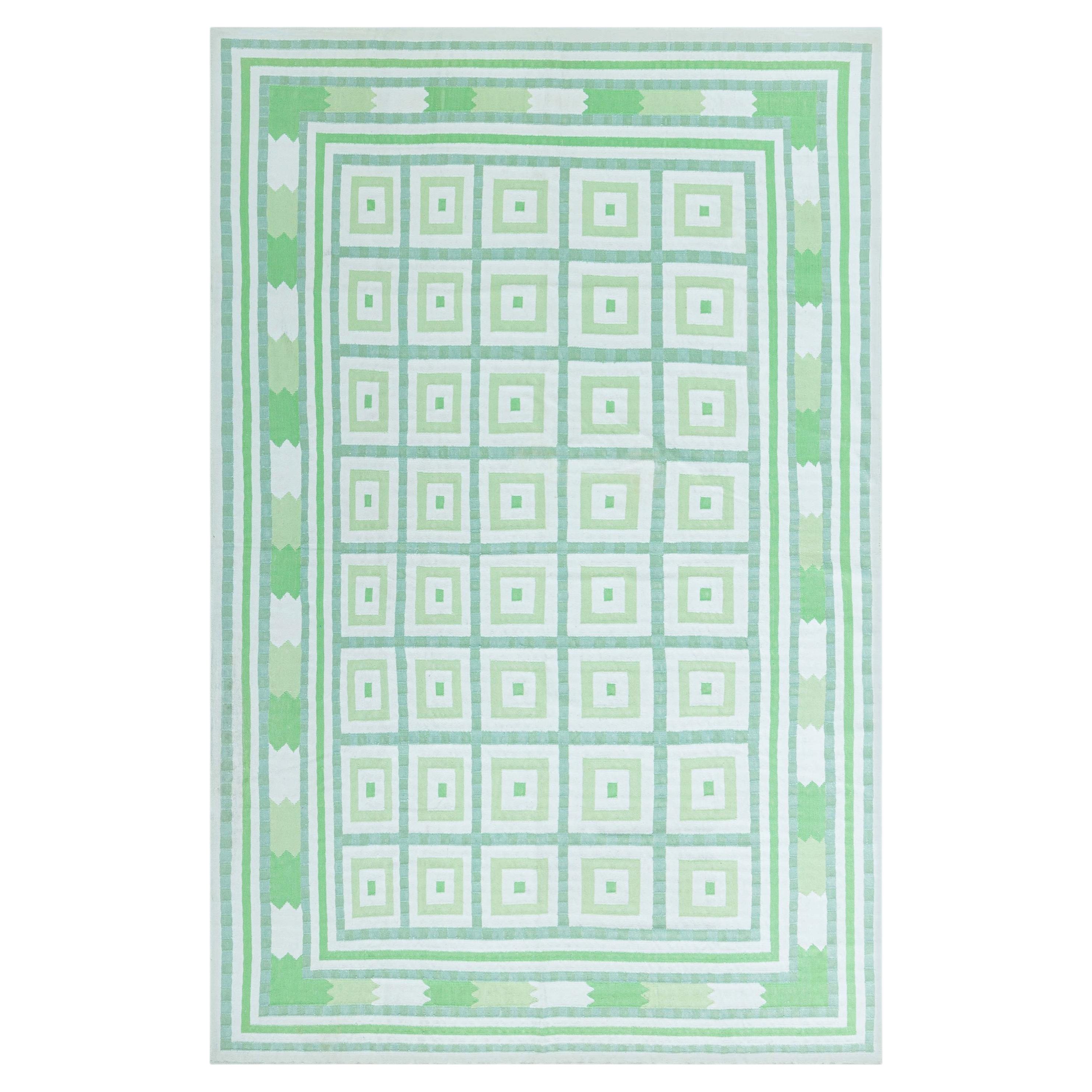 Doris Leslie Blau Mid-Century Indian Dhurrie Green Flatweave Cotton Rug For Sale