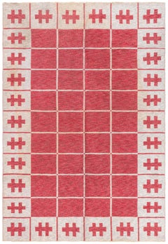 Doris Leslie Blau – Flachgewebter Teppich im skandinavischen Mid-Century-Stil in Grau mit ziegelroten Akzenten