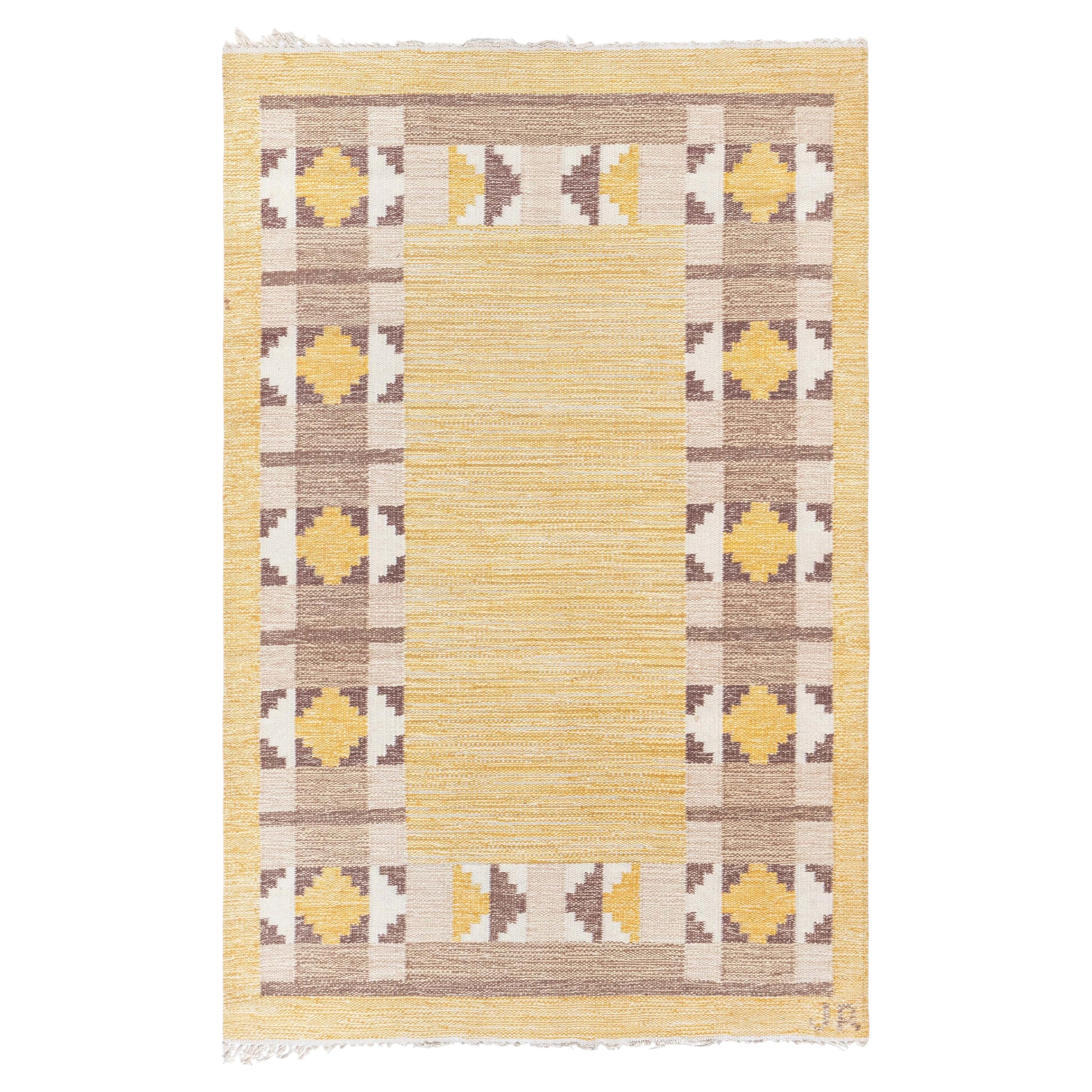 Doris Leslie Blau Mid-Century Scandinavian Tan Flatweave Rug Signed Initial (Jr) For Sale