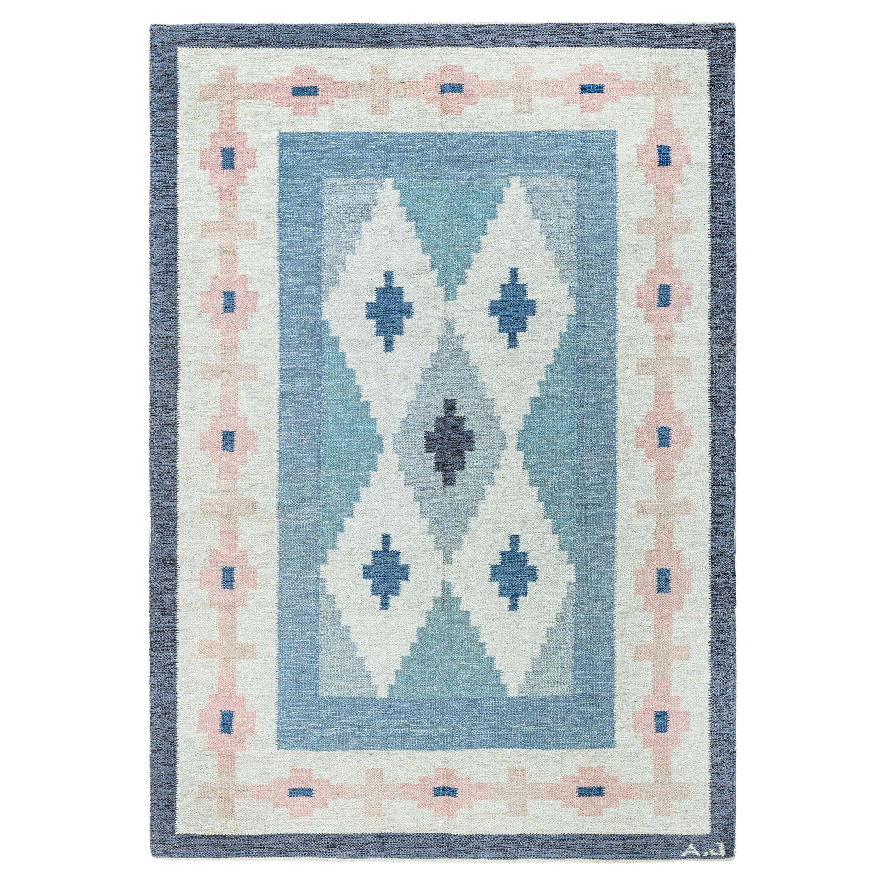 Doris Leslie Blau Mid-century Swedish Blue Handmade Wool Rug by A.J For Sale