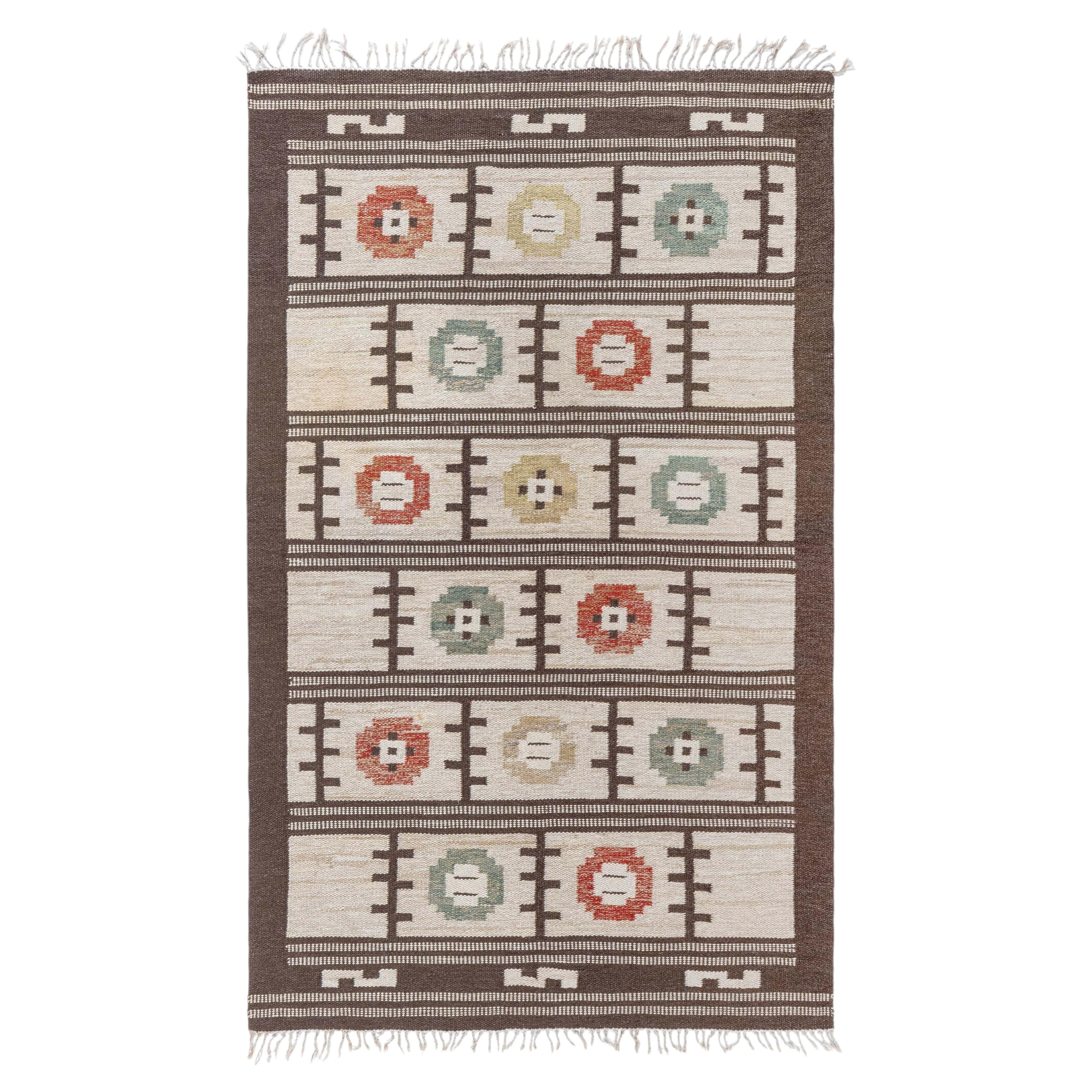 Doris Leslie Blau Mid-Century Swedish Floral Cream Flatweave Wool Rug For Sale