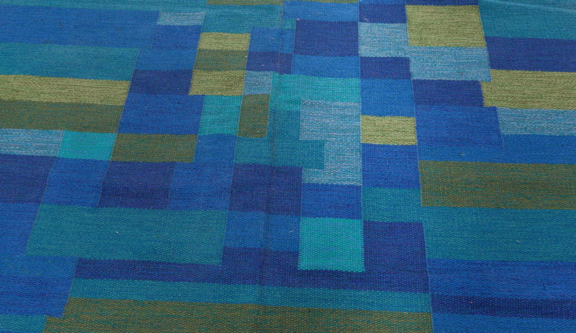 Mid-20th century Swedish Geometric green, blue flat-weave wool rug Signed AB
Size: 5'8
