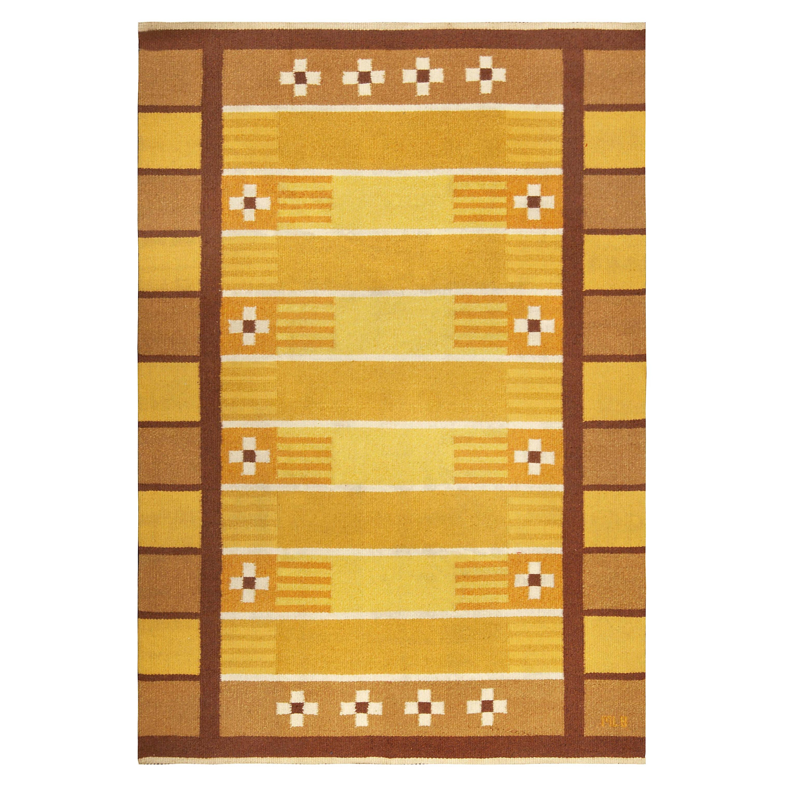 Doris Leslie Blau Midcentury Swedish Yellow Brown Handwoven Wool Rug