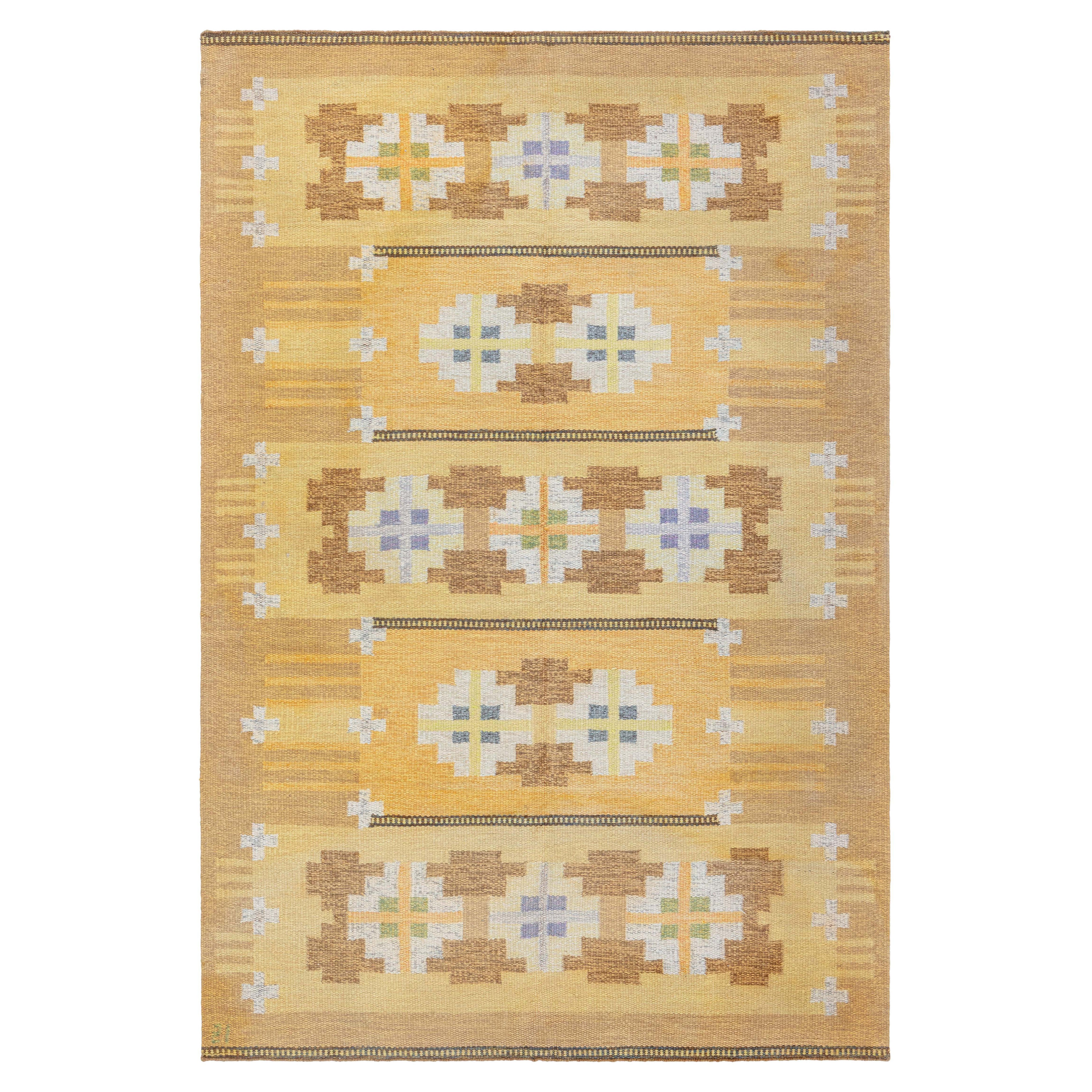 Tapis suédois jaune à tissage plat du milieu du siècle dernier de Doris Leslie Blau par Ingegerd Silow