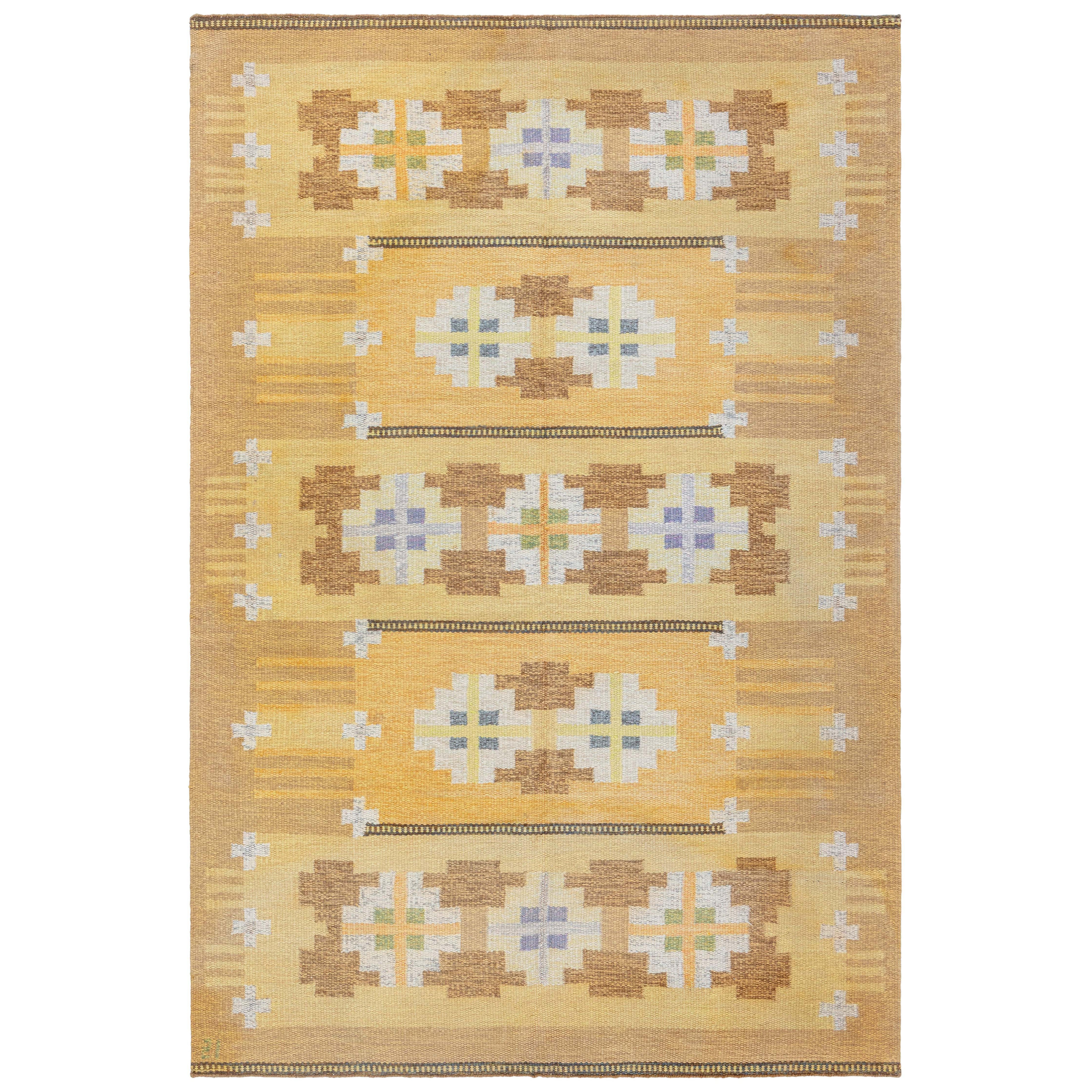 Doris Leslie Blau Midcentury Swedish Yellow Flat-Weave Rug by Ingegerd Silow For Sale