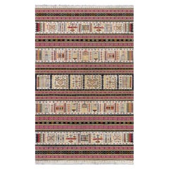 Tapis marocain vintage en laine tissé à plat, motifs géométriques, couleur crème-beige, signé Doris Leslie Blau