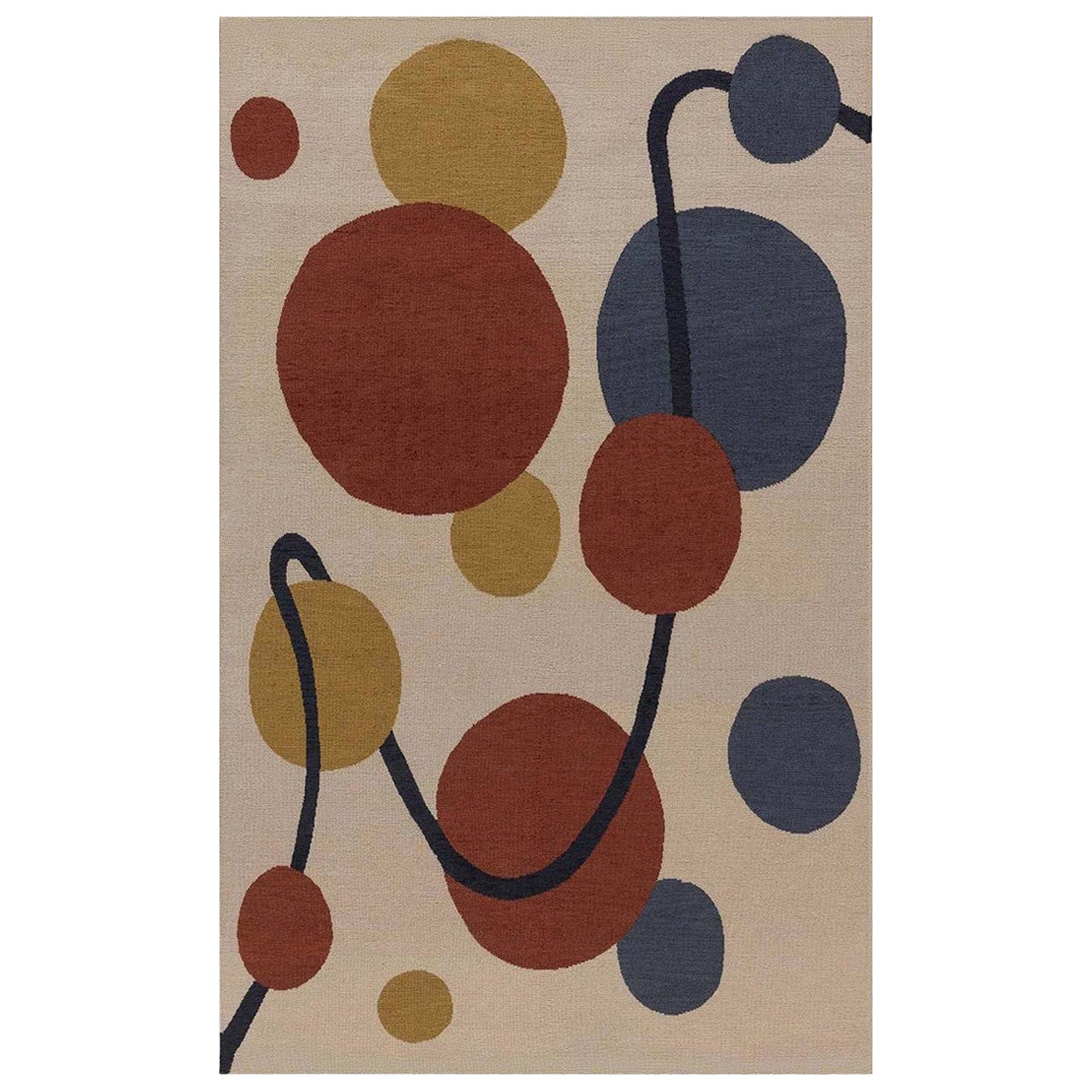 Doris Leslie Blauer neuer Art-Déco-inspirierter Wollteppich in Beige, Schwarz, Blau, Gold, Rot