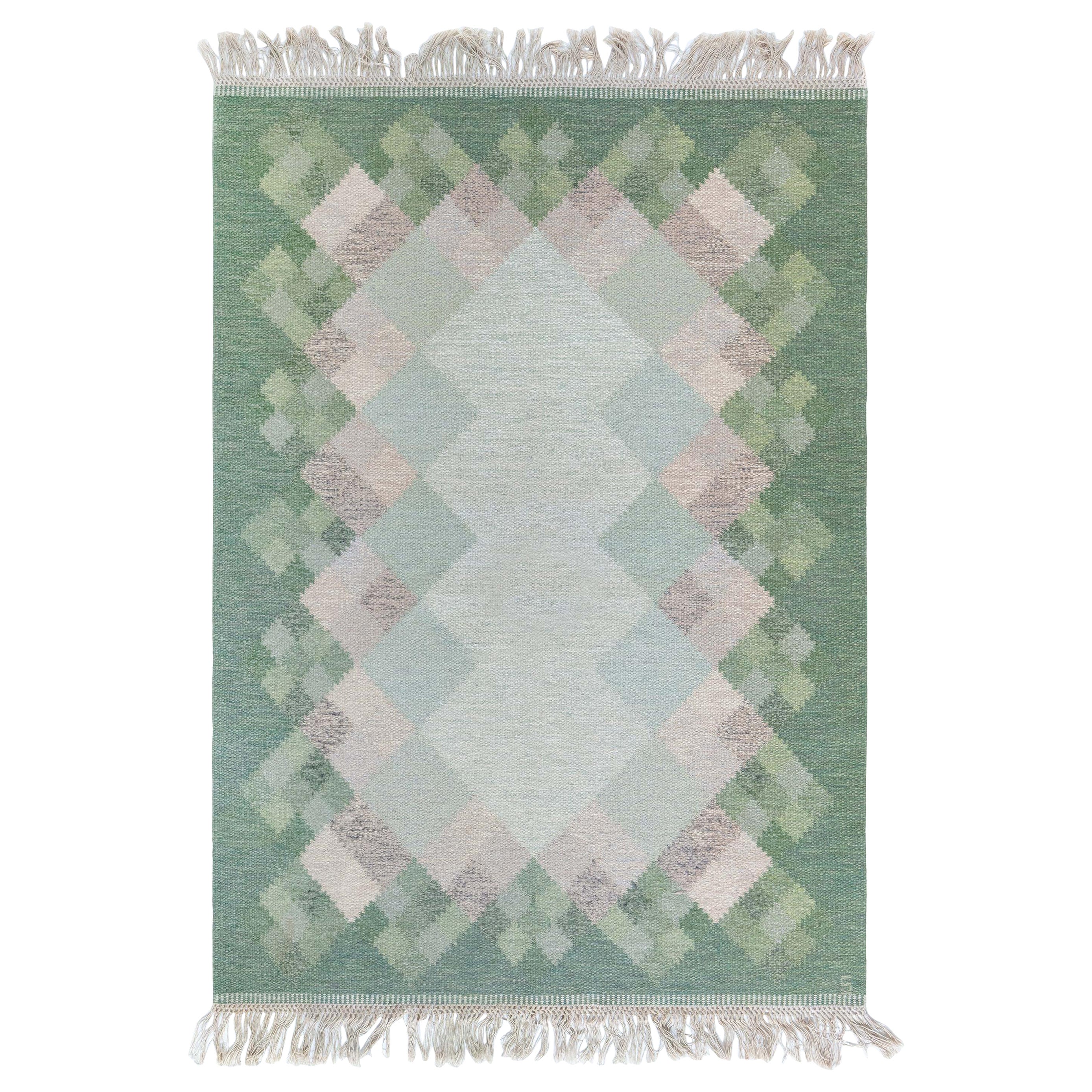 Doris Leslie Blau „Opal“ – Flachgewebter schwedischer Flachgewebe-Teppich von Brita Svefors, Mitte des Jahrhunderts im Angebot