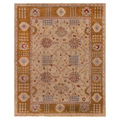 Tapis turc ancien Oushak « Doris Leslie Blau » aux motifs floraux sur toute la surface, couleur beige chaud – vers 1920