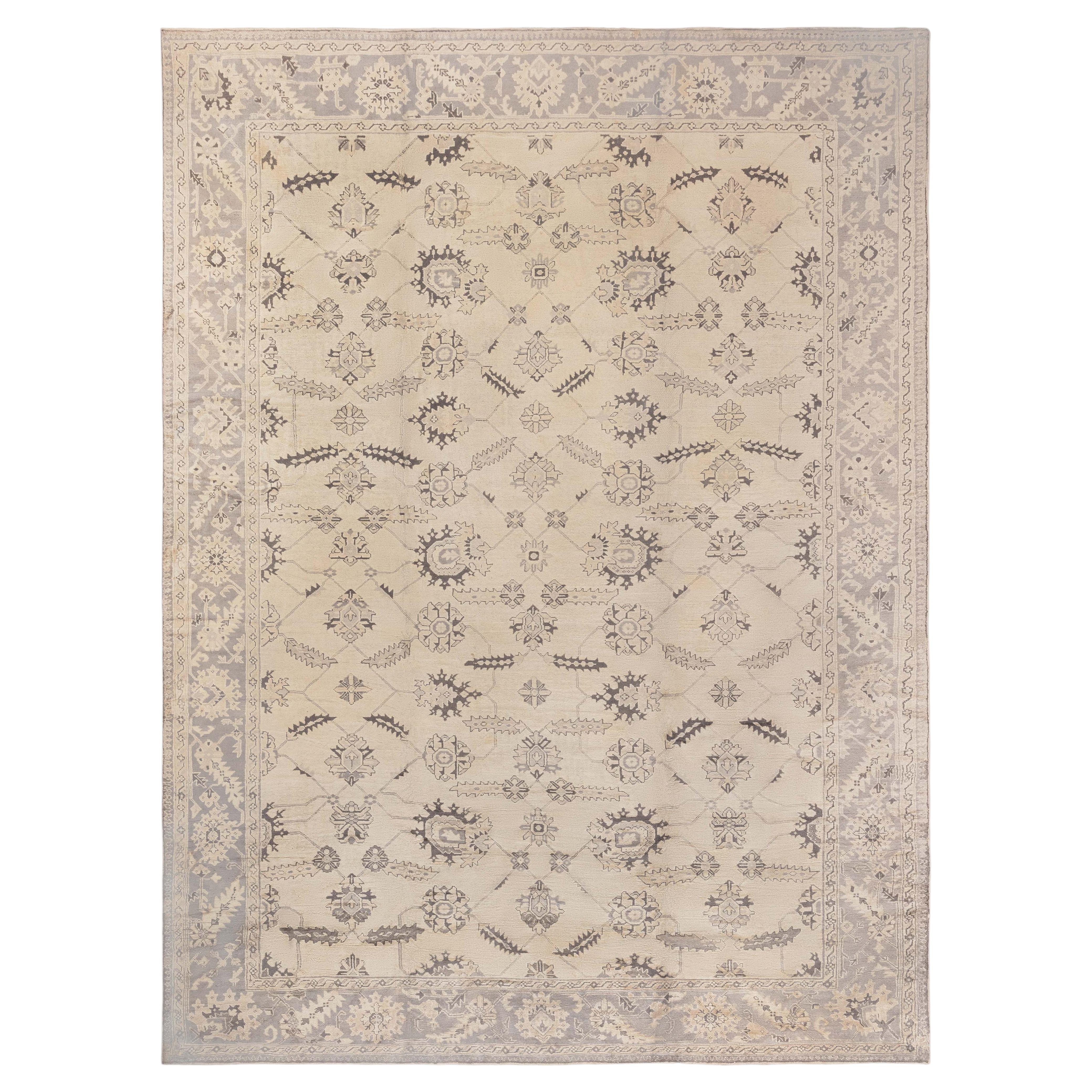 Doris Leslie Blau Oushak Turkish Antique Floral Allover Soft Beige Rug - c. 1920