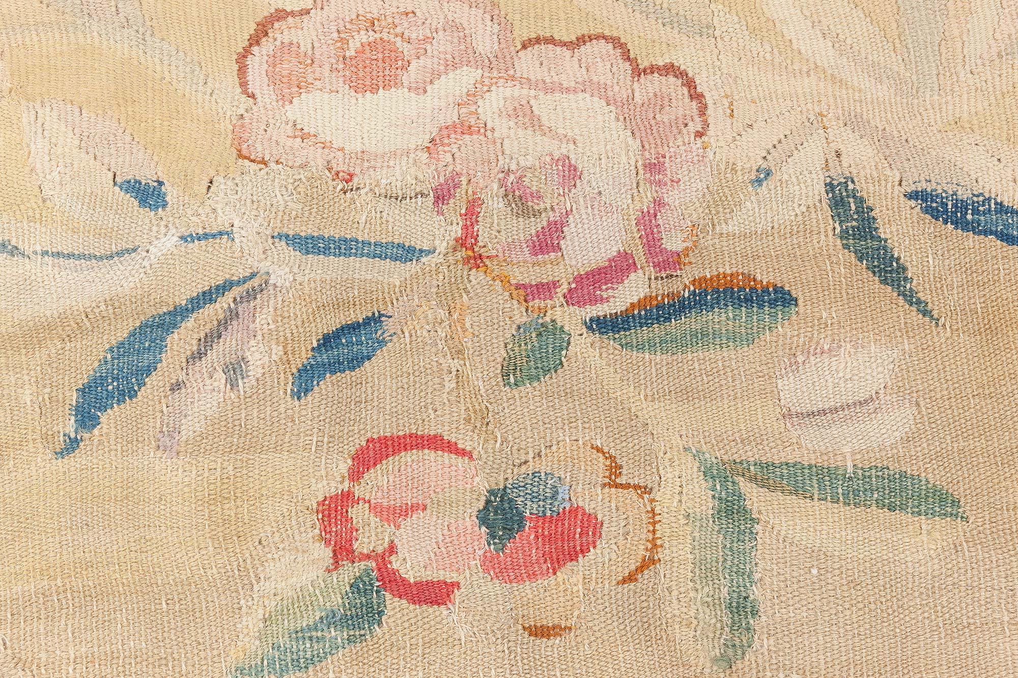 Oversized antique French Aubusson yellow handmade wool rug
Size: 17'0
