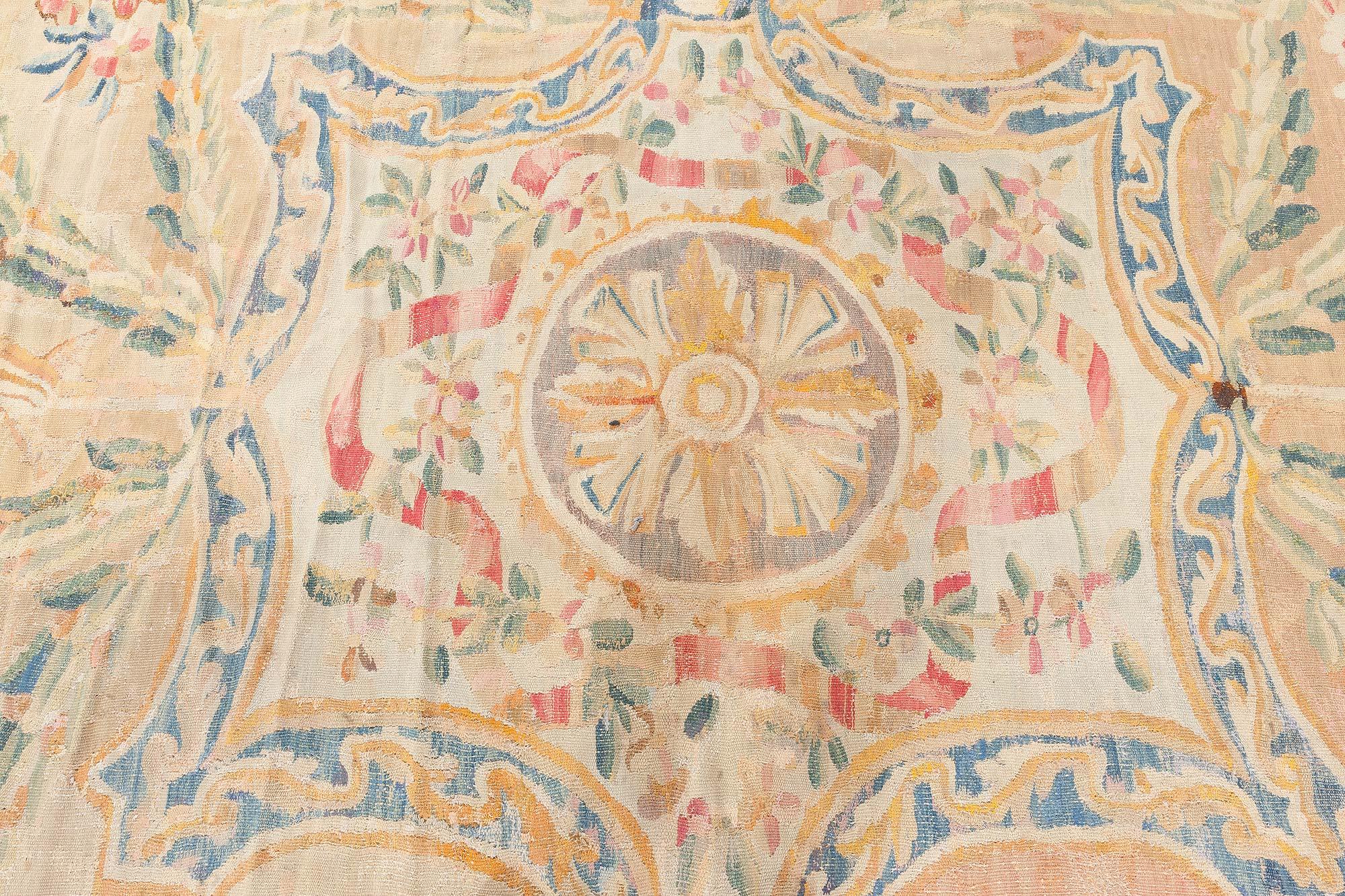 19th Century Doris Leslie Blau Oversized Antique French Aubusson Yellow Wool Rug For Sale