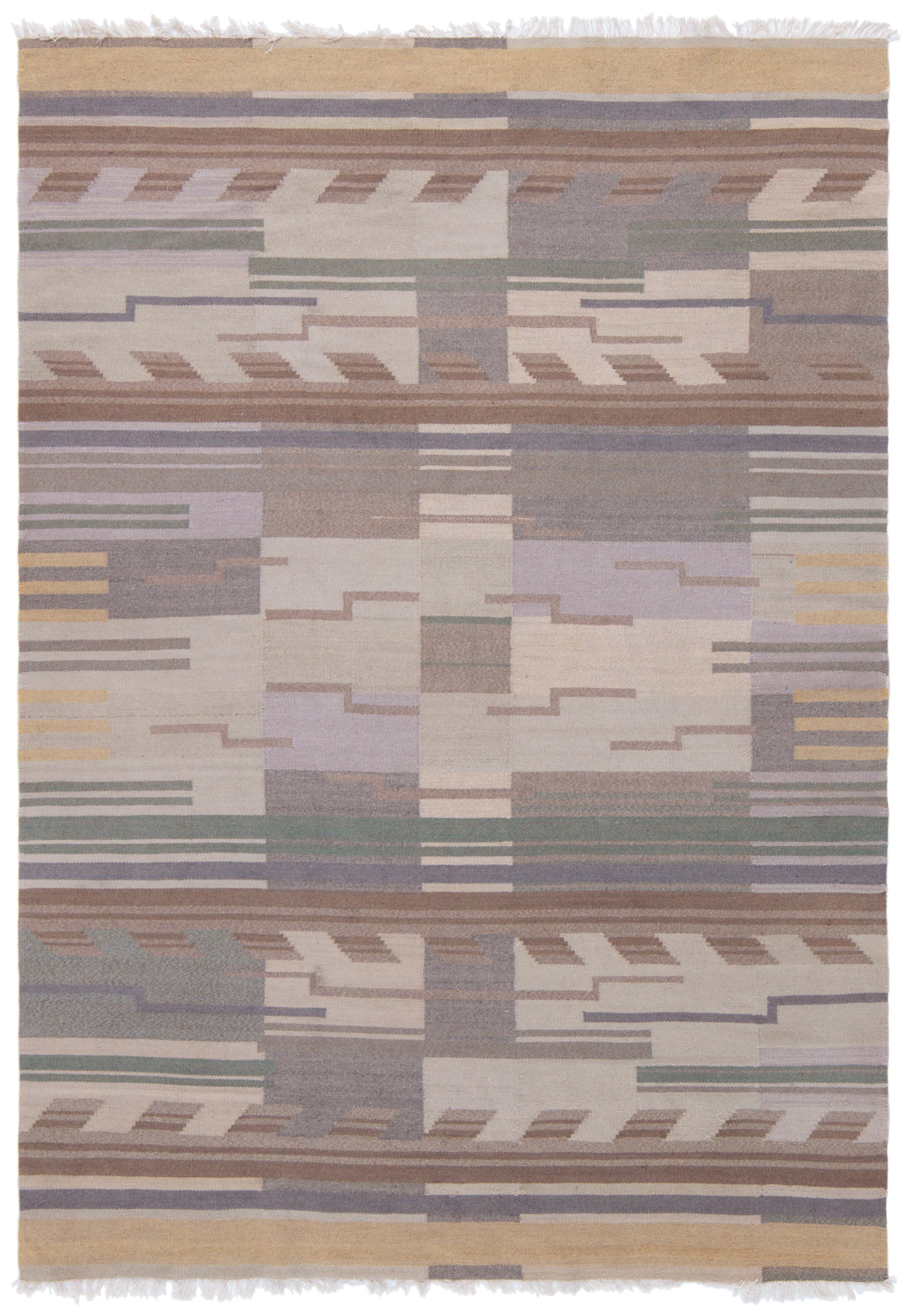 Doris Leslie Blau Scandinavian Art Deco Vintage Abstract Beige Flatweave Carpet For Sale