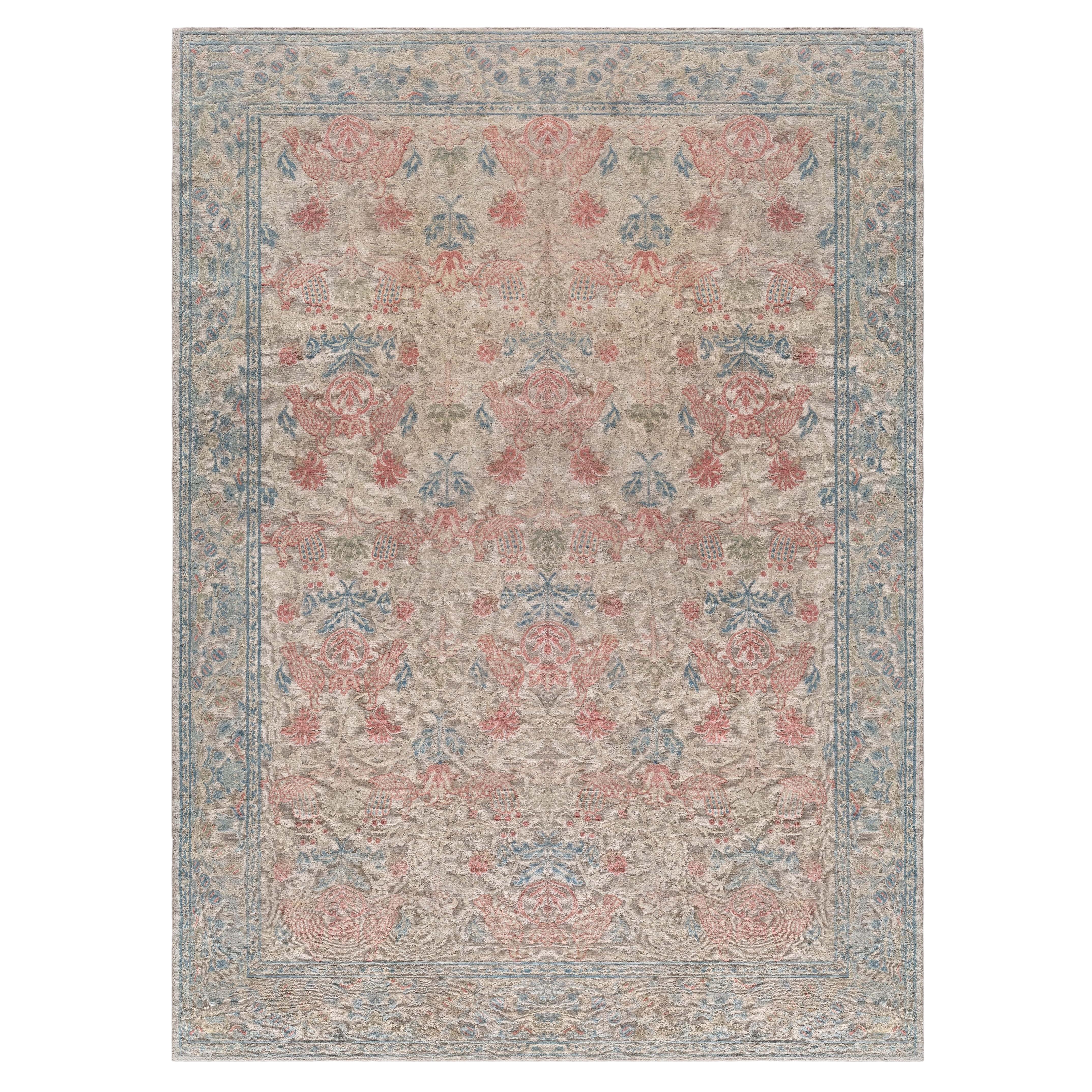 Doris Leslie Blau – Spanischer Vintage-Teppich aus Wolle mit Blumenmuster in zartem Beige, handgeknüpft im Angebot