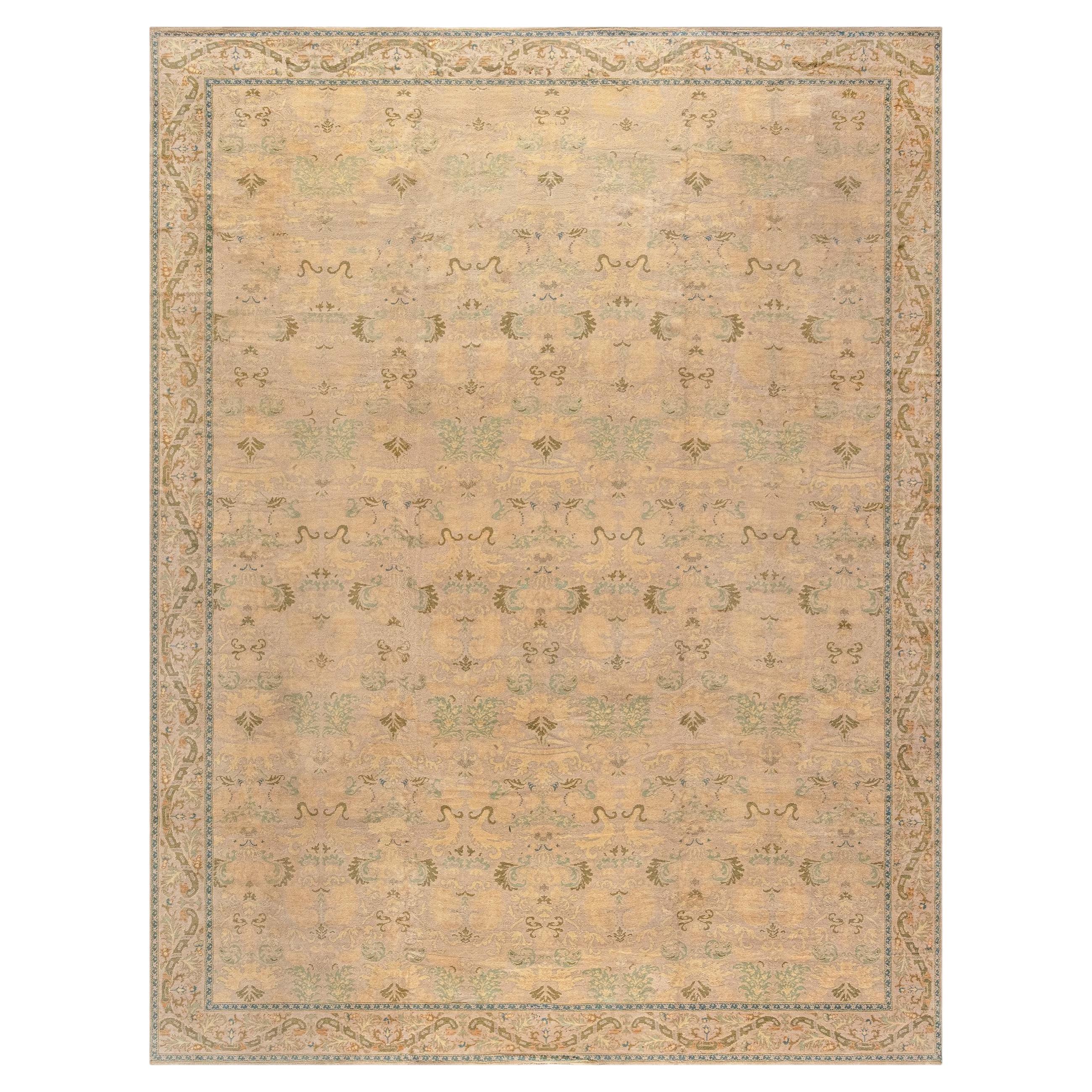 Doris Leslie Blau Spanish Vintage Floral Warm Tan Hand-Knotted Wool Rug For Sale
