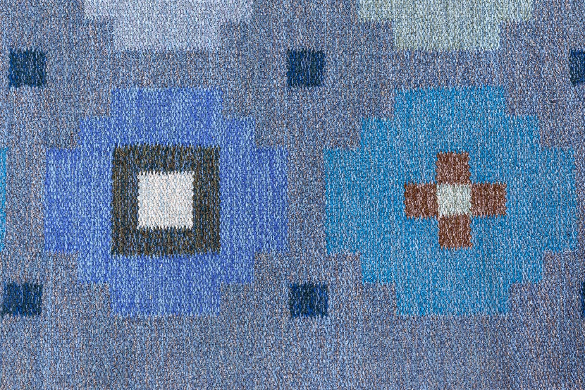 Mid-Century Modern Tapis suédois tissé plat bleu géométrique Doris Leslie Blau en vente
