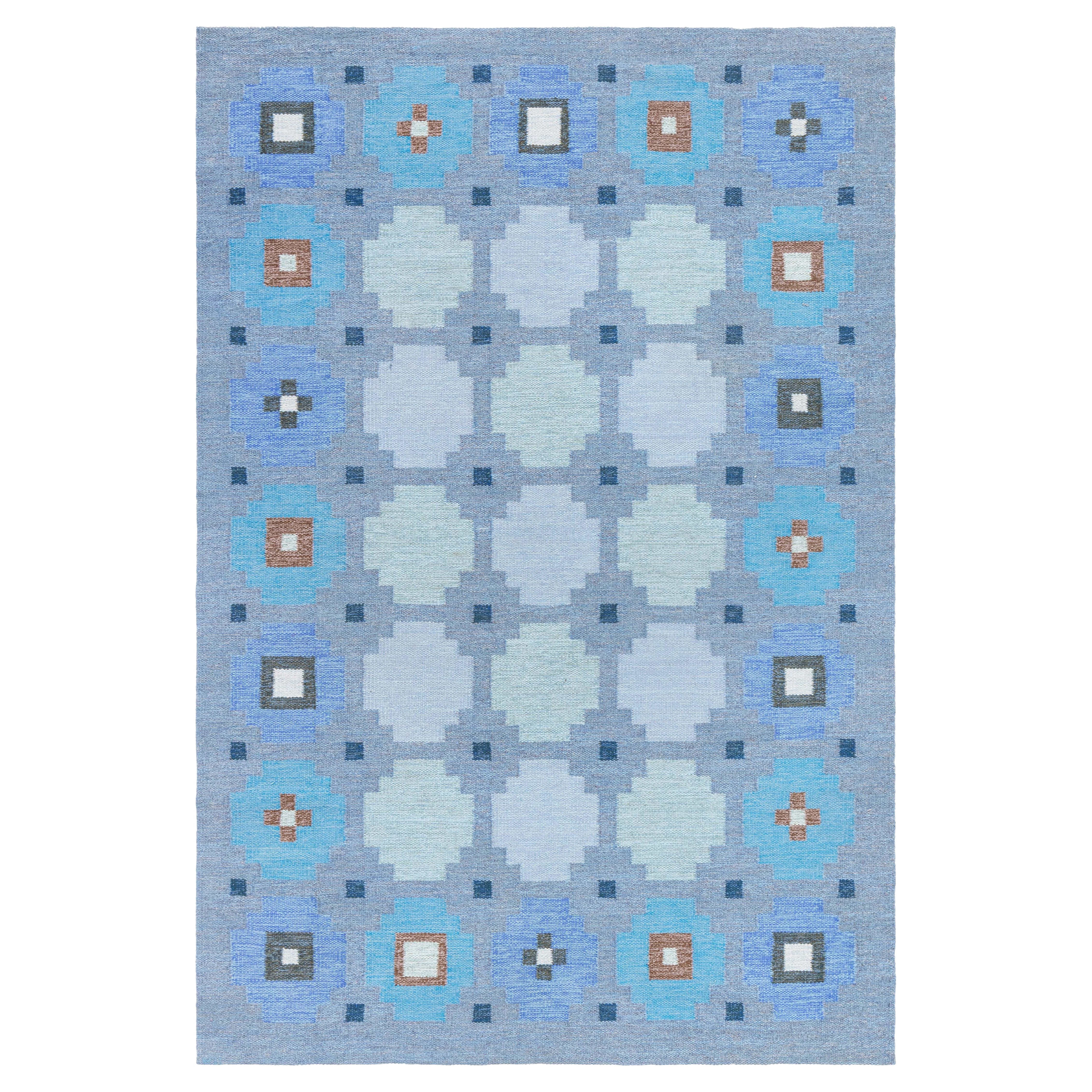 Doris Leslie Blau Swedish Geometric Blue Flat Woven Rug For Sale