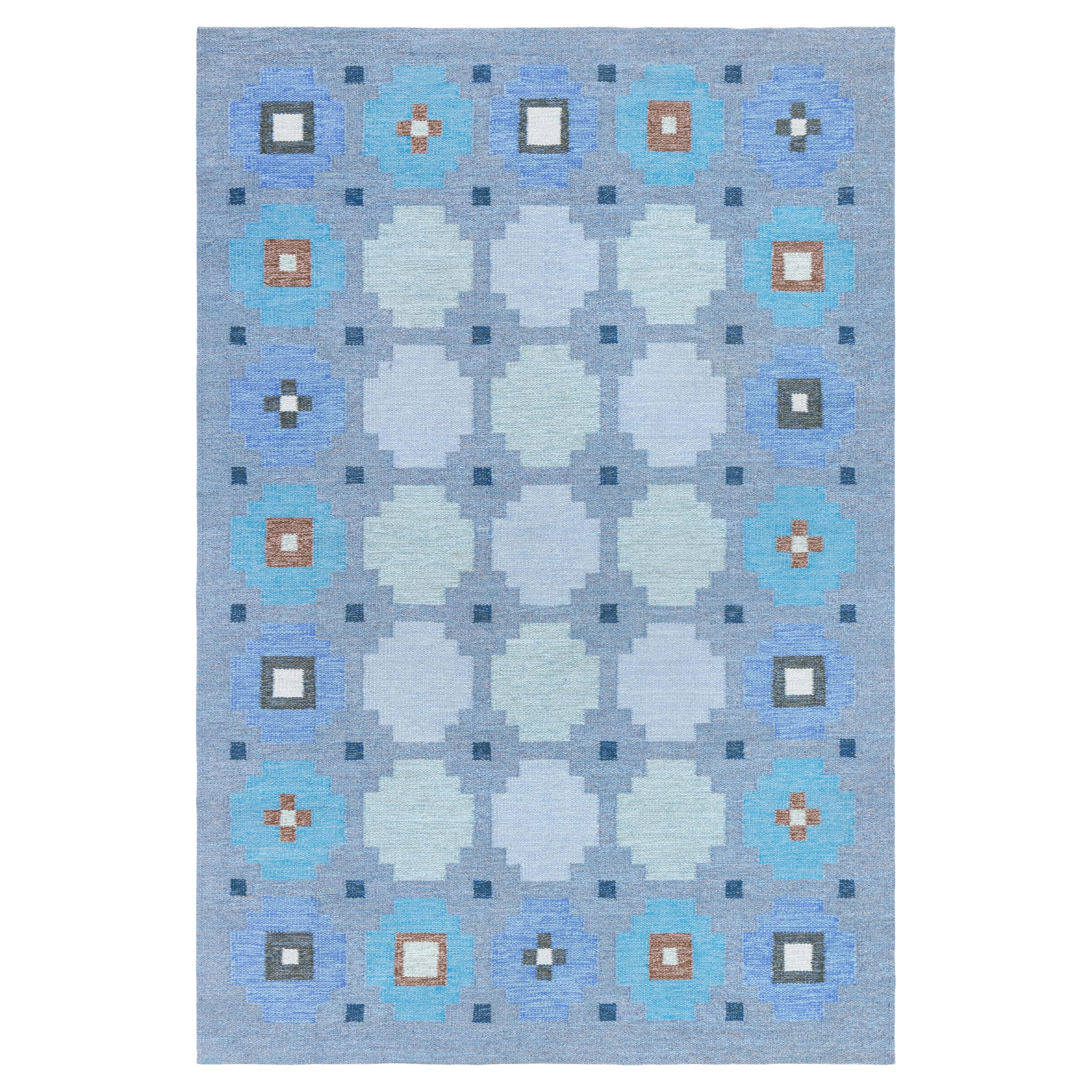 Doris Leslie Blau Swedish Geometric Blue Flat Woven Rug For Sale