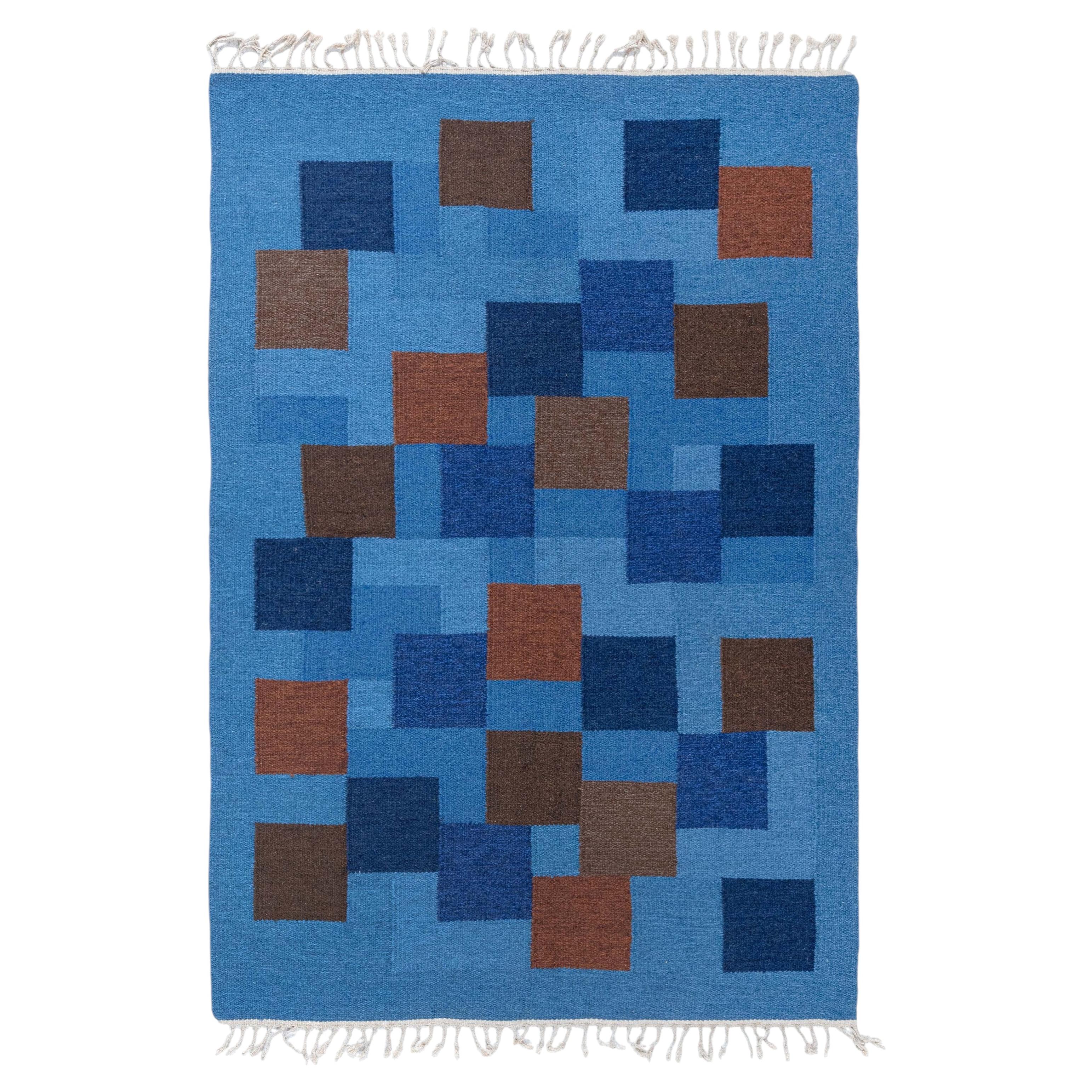 Doris Leslie Blau Swedish Vintage Geometric Light Blue Flatweave Wool Carpet
