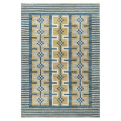 Tapis en laine suédois vintage à motifs géométriques, couleur beige chaud, tissé à plat, signé Doris Leslie Blau