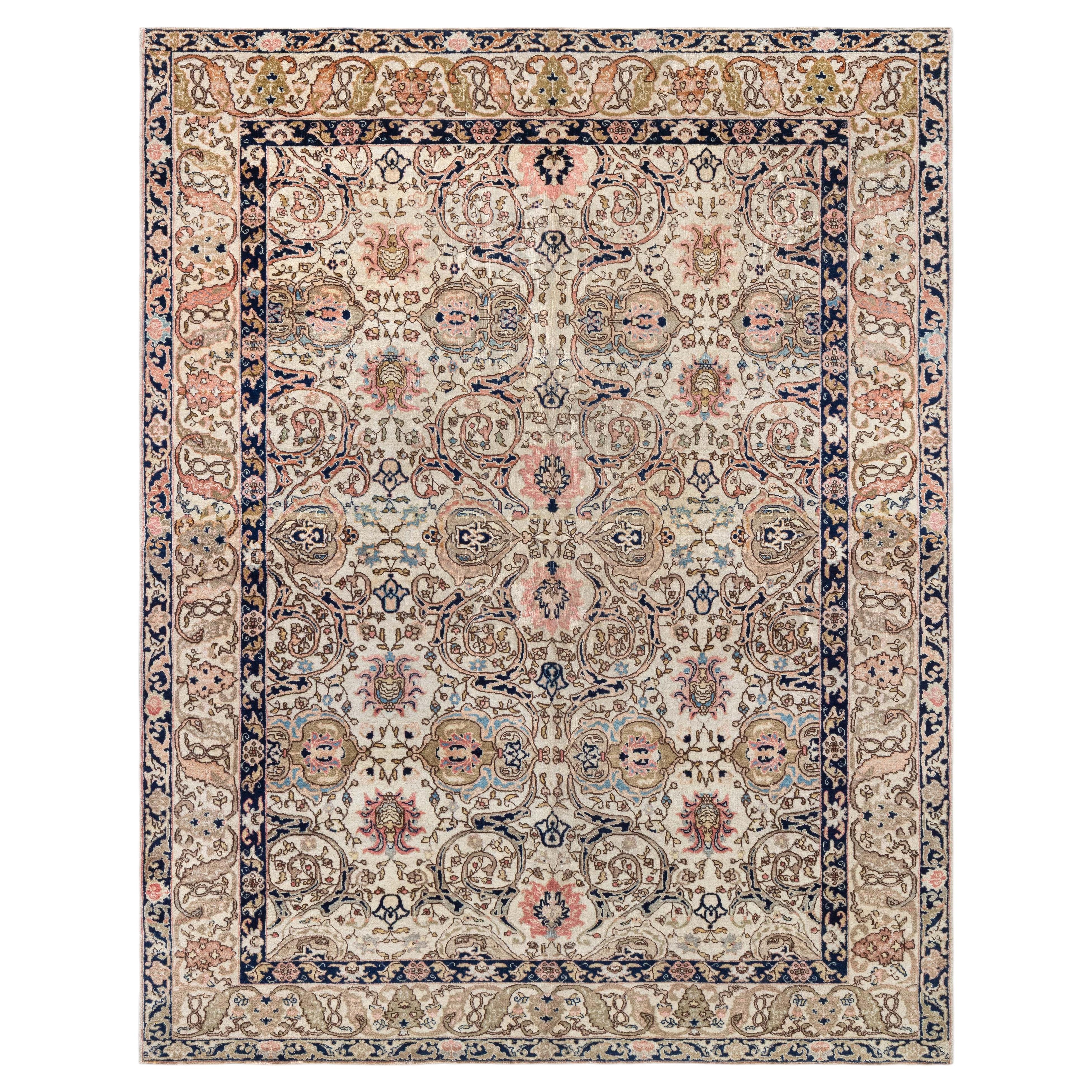 Doris Leslie Blau Tabriz Antique Allover Floral Soft Beige Carpet - c. 1930