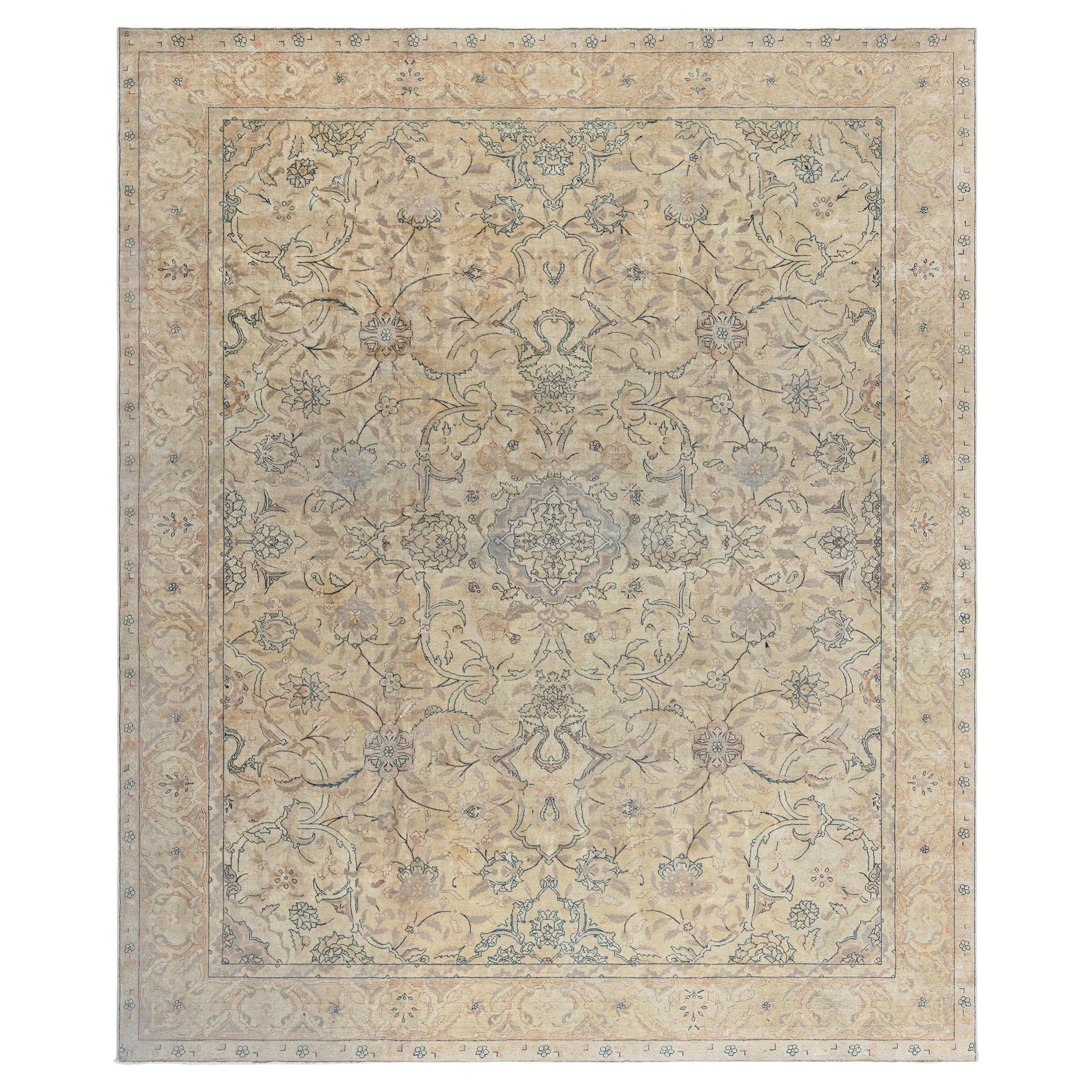 Doris Leslie Blau Tabriz Antique Floral Allover Soft Beige Rug - c. 1880
