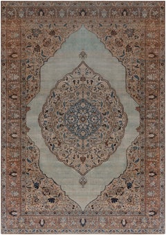 Doris Leslie Blau Tabriz Antique Medallion Cream Beige Rug - c. 1900