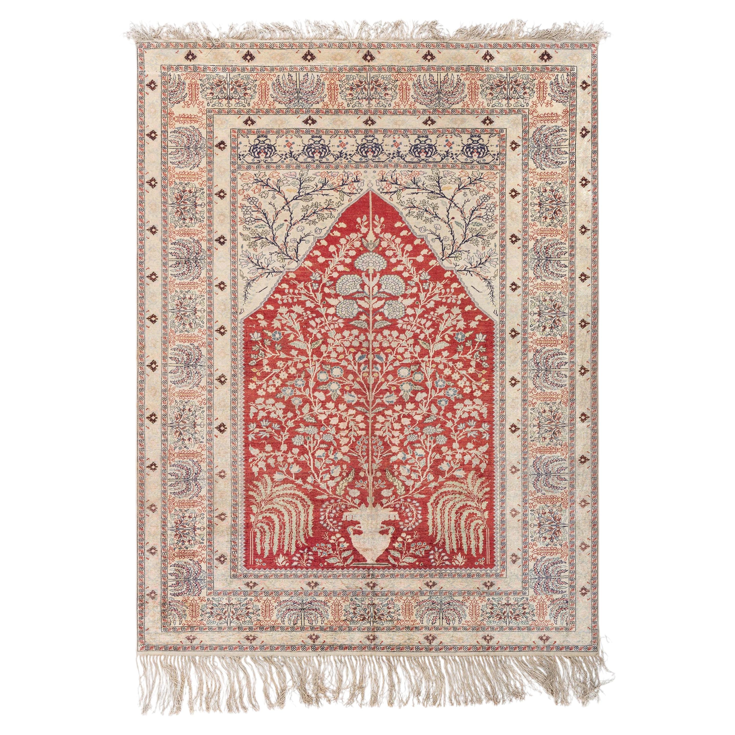 Doris Leslie Blau Turkish Antique Allover Ivory Hand-Knotted Silk Rug - c. 1920 For Sale