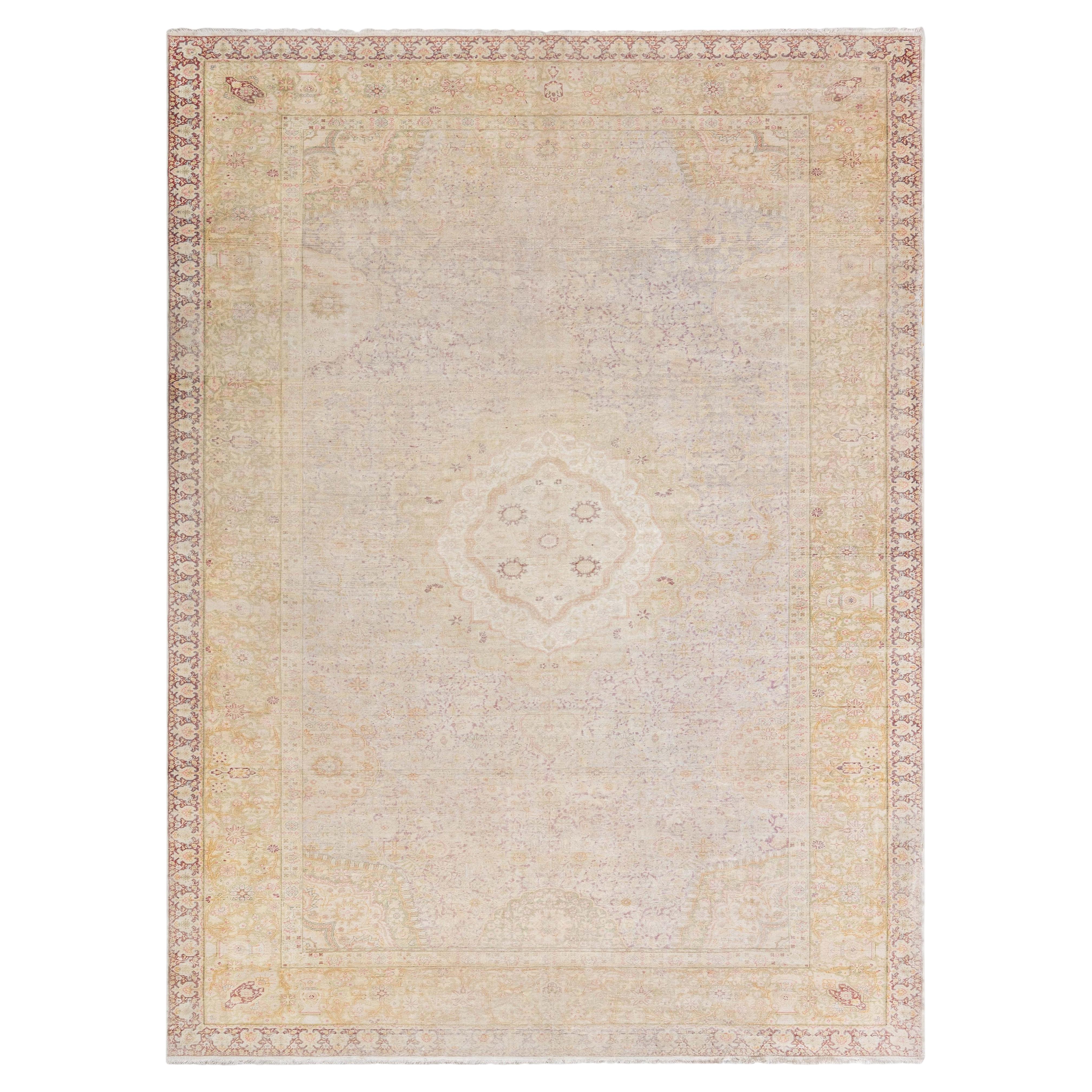 Doris Leslie Blau Turkish Antique Medallion Pale Sand Hand-Knotted Silk Rug For Sale