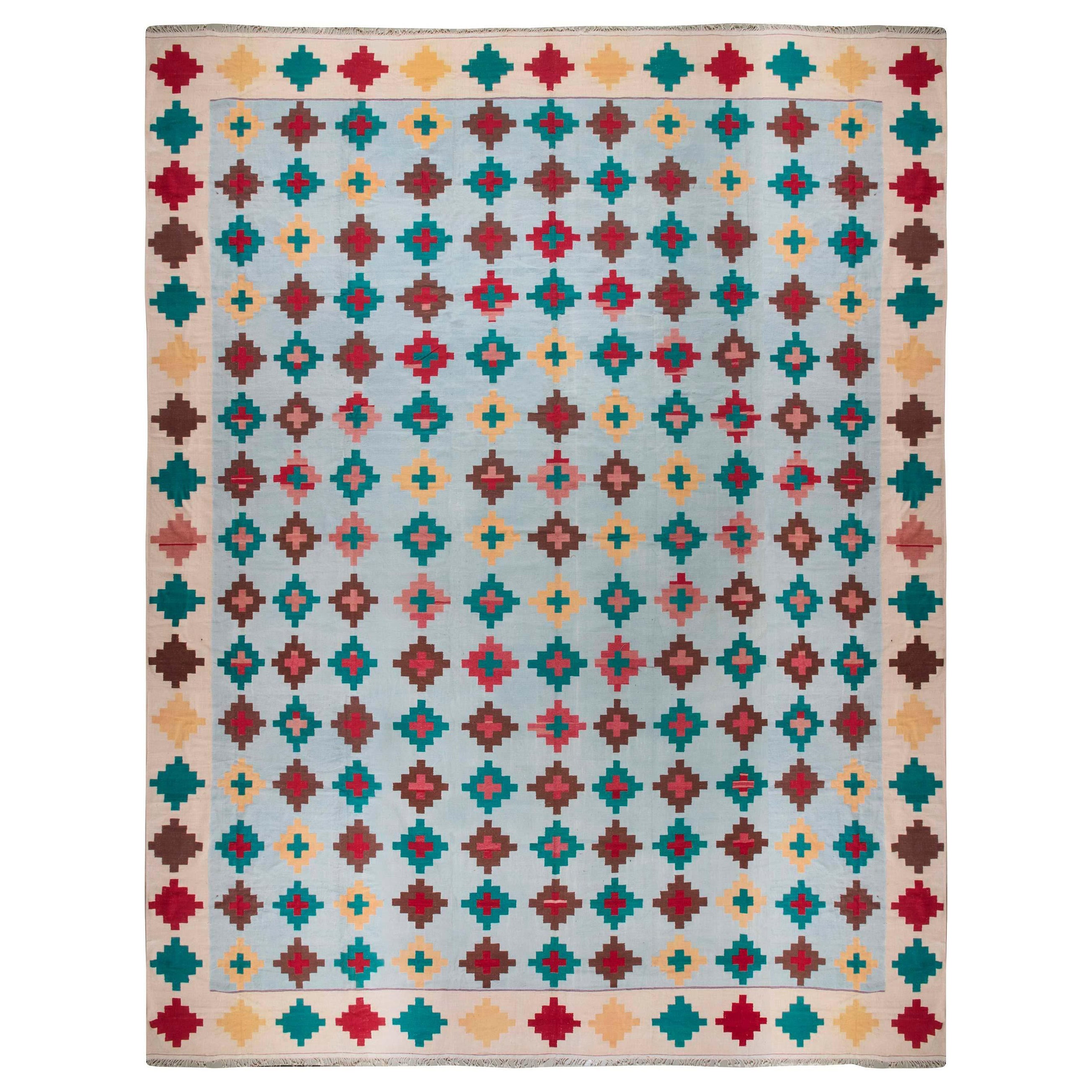 Doris Leslie Blau Vibrant Oversized Antique Indian Dhurrie Rug For Sale
