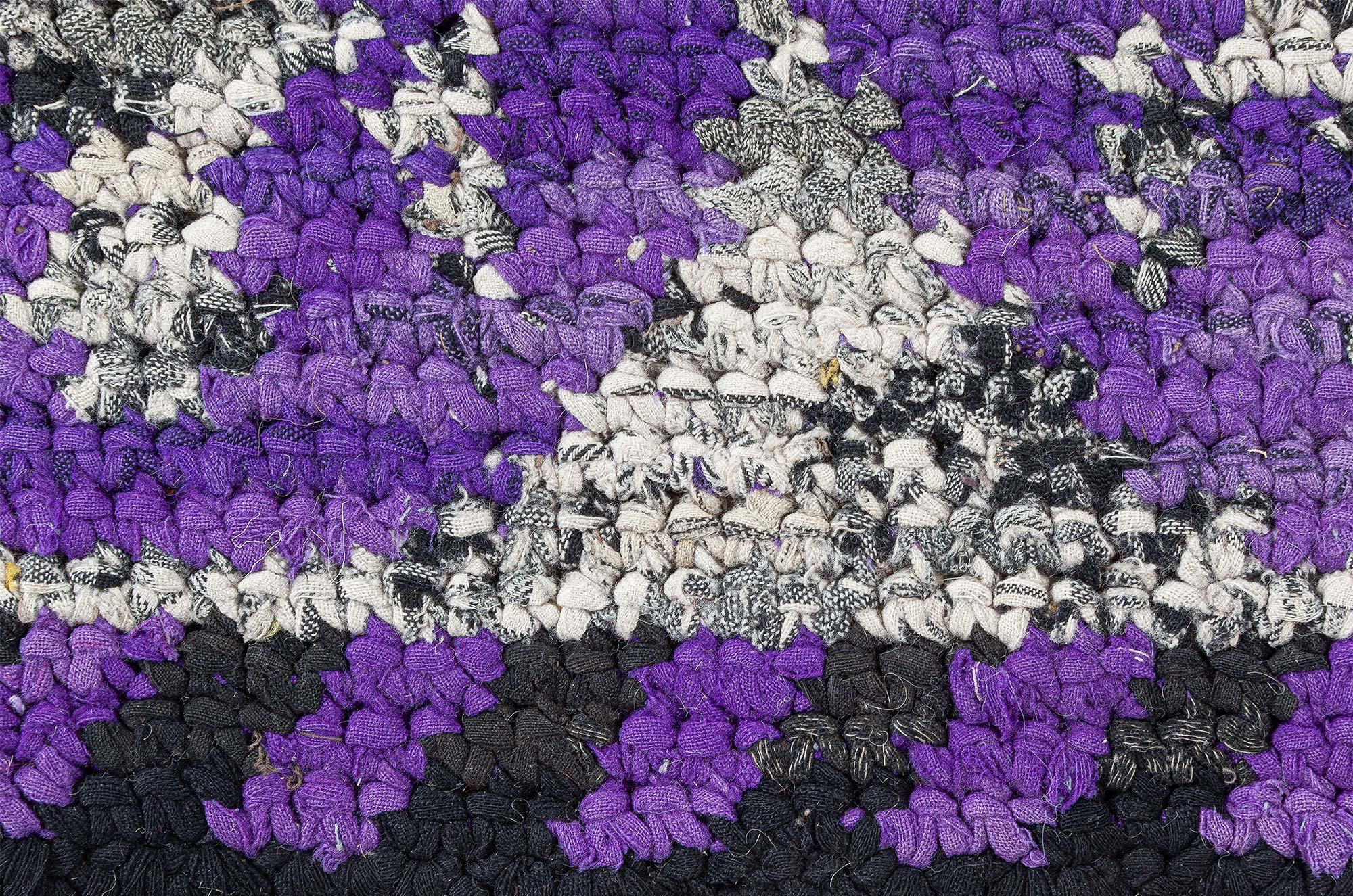 Cotton Doris Leslie Blau Vibrant Vintage American Hooked Rug in Purple and Grey For Sale