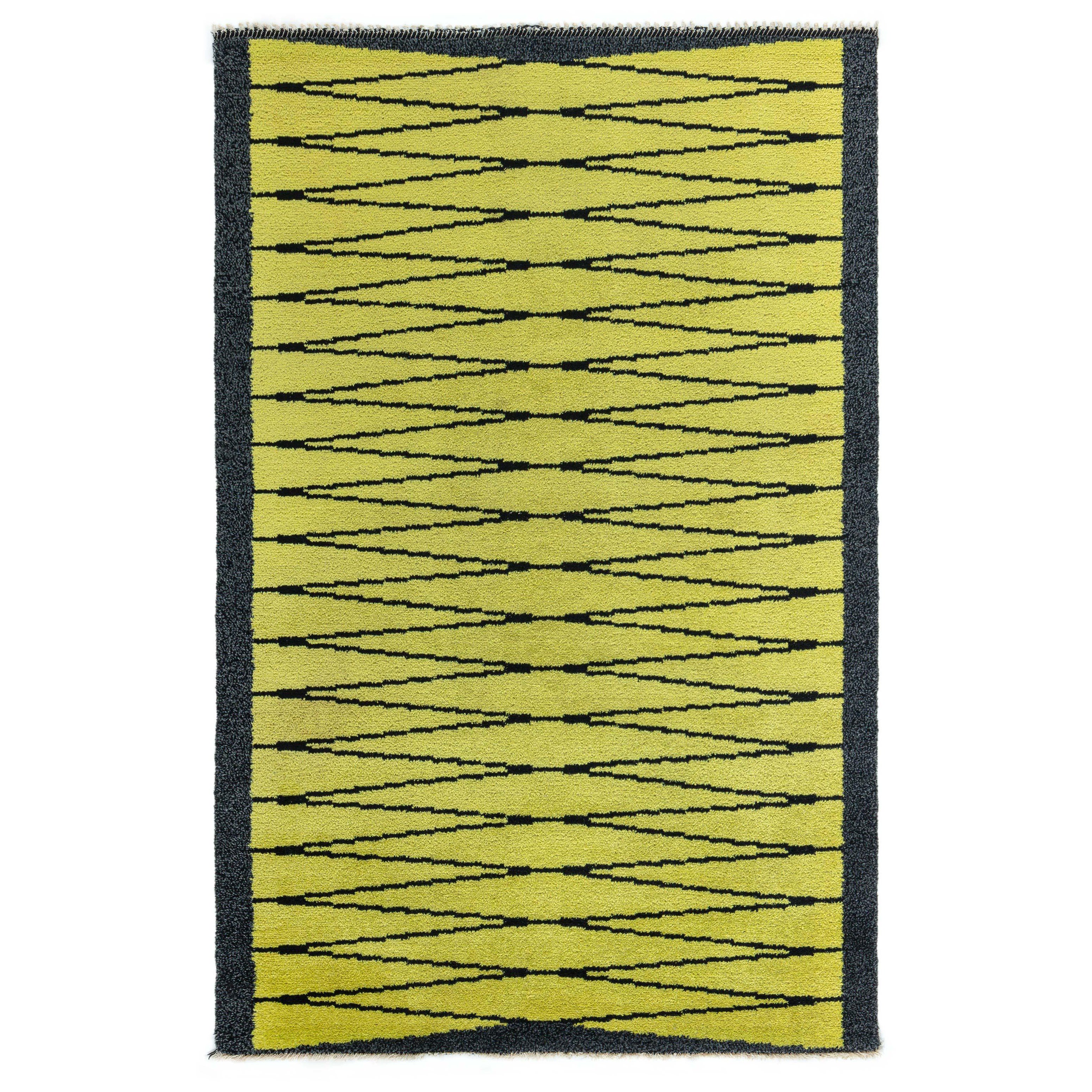 Doris Leslie Blau Vibrant Vintage Swedish Pile Rug in Yellow and Charcoal For Sale