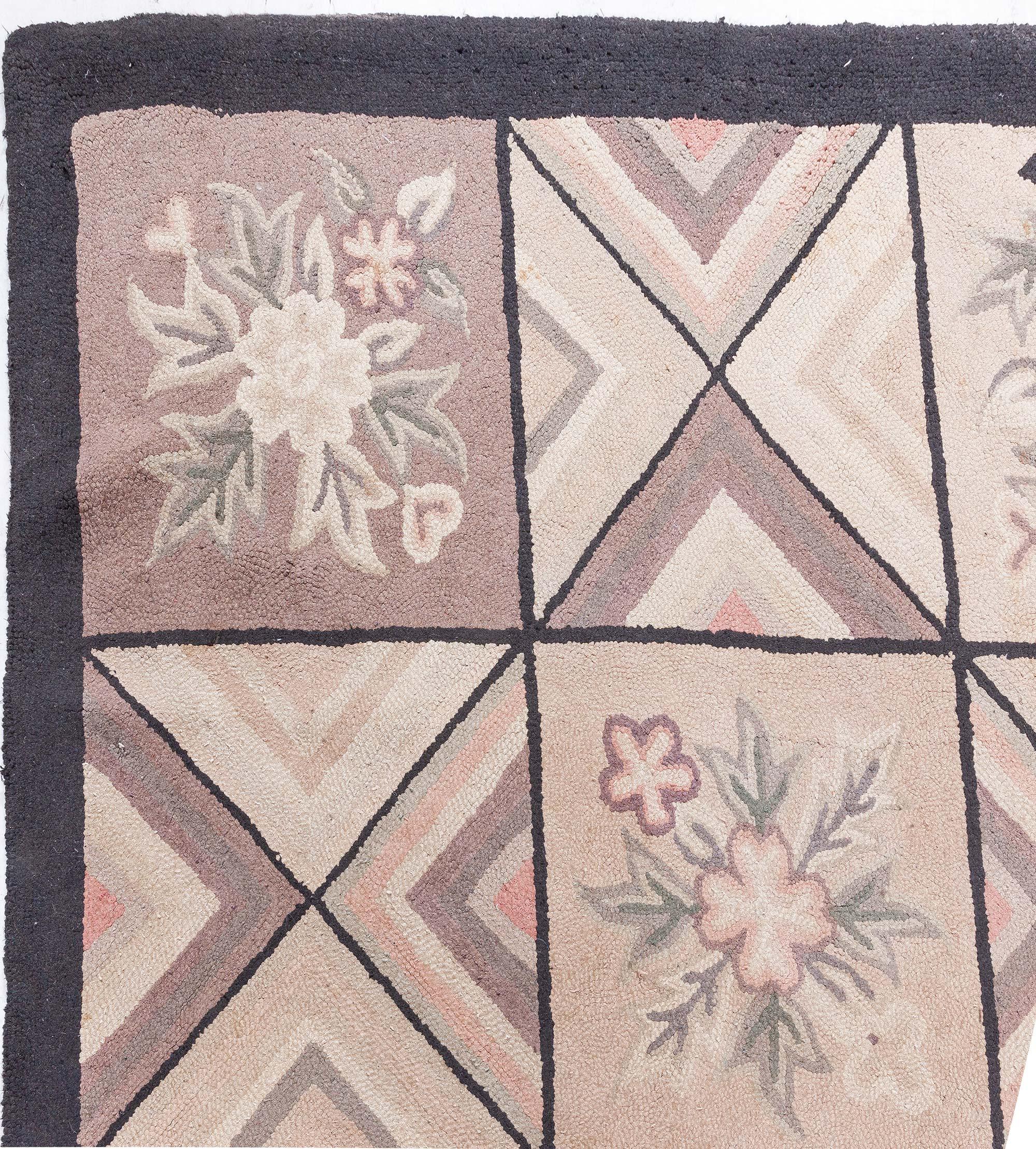 Wool Doris Leslie Blau Vintage American Hooked Rug with Geometric Design For Sale