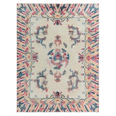 Doris Leslie Blau Vintage Chinese Abstract Cream Beige Silk Rug Dragon Design