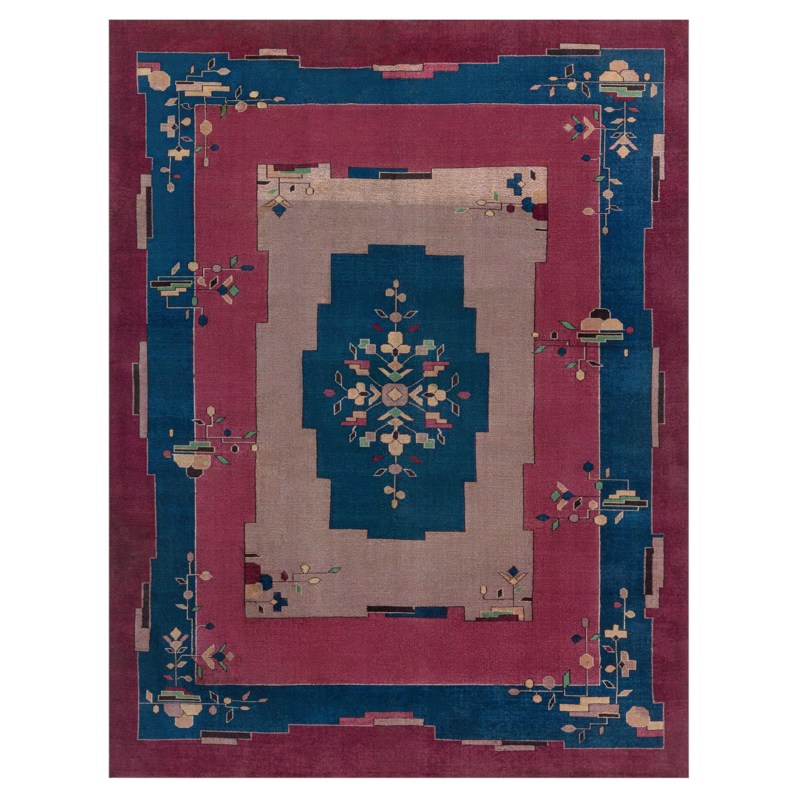 Doris Leslie Blau – Vintage-Teppich im chinesischen Art-déco-Stil mit Blumenmuster in Creme- und Beigetönen, handgeknüpft