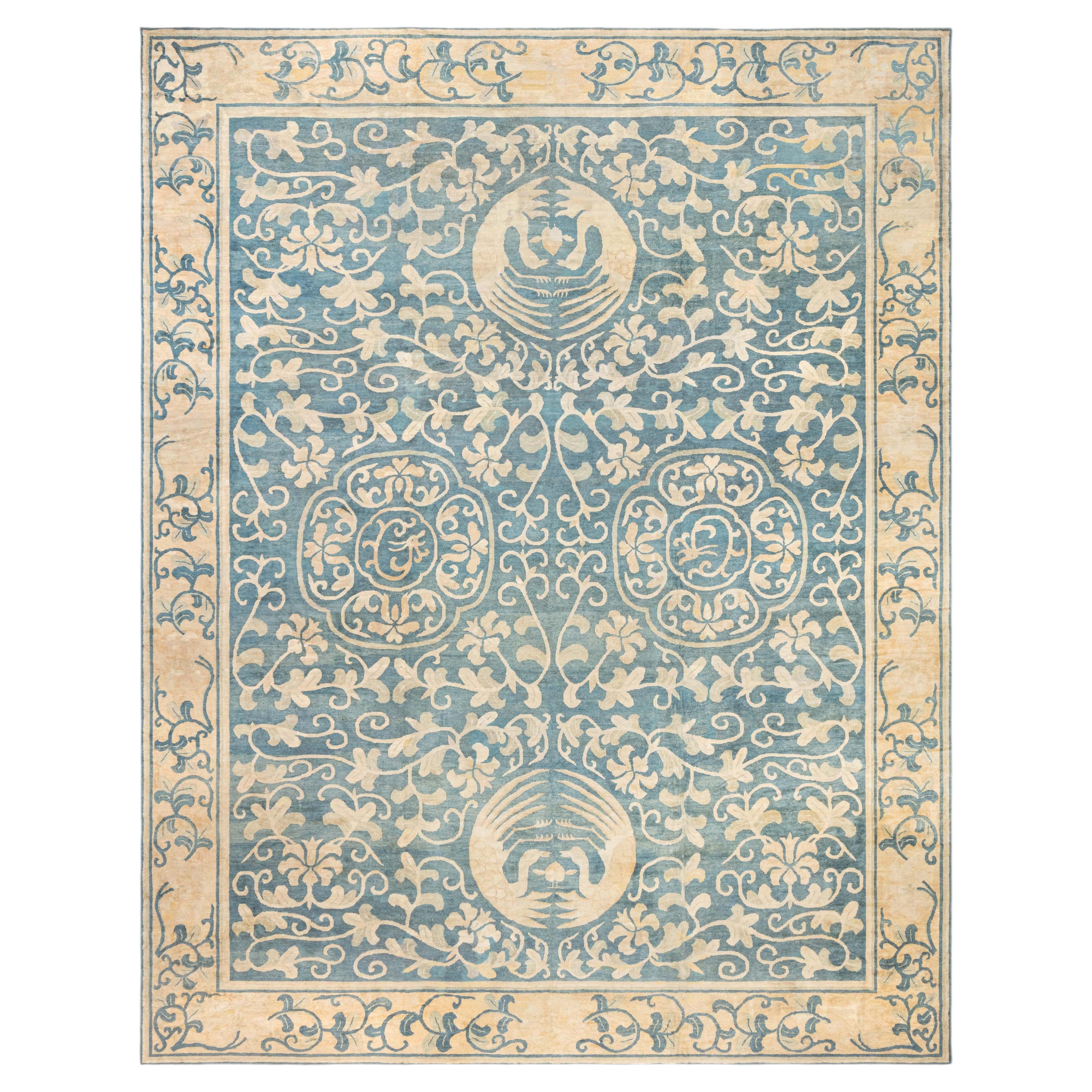 Doris Leslie Blau Vintage Chinese Art Deco Floral Ivory Hand-Knotted Wool Carpet