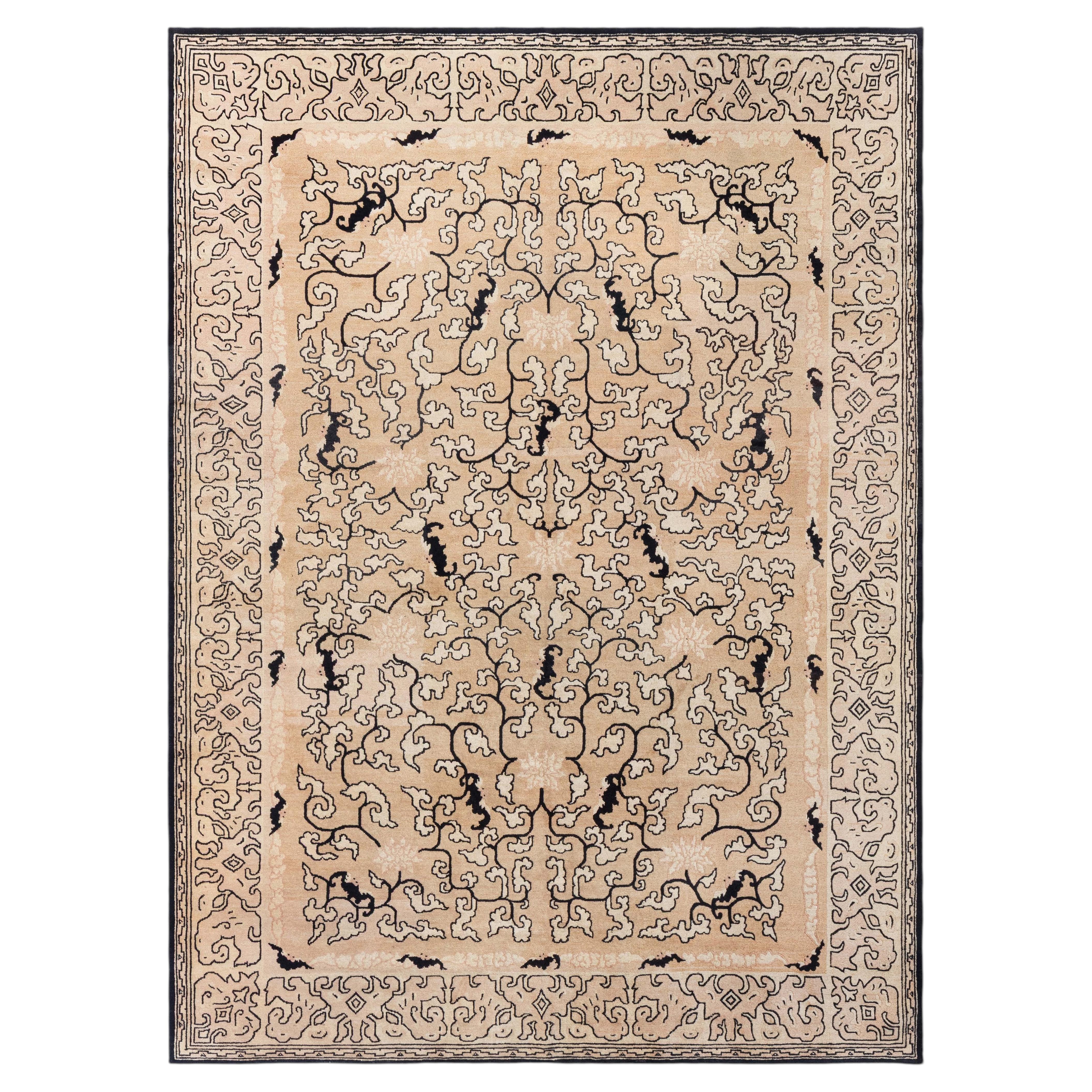 Doris Leslie Blau: Vintage-Teppich aus handgeknüpfter Wolle im chinesischen Art-déco-Stil mit Blumenmuster in Beige