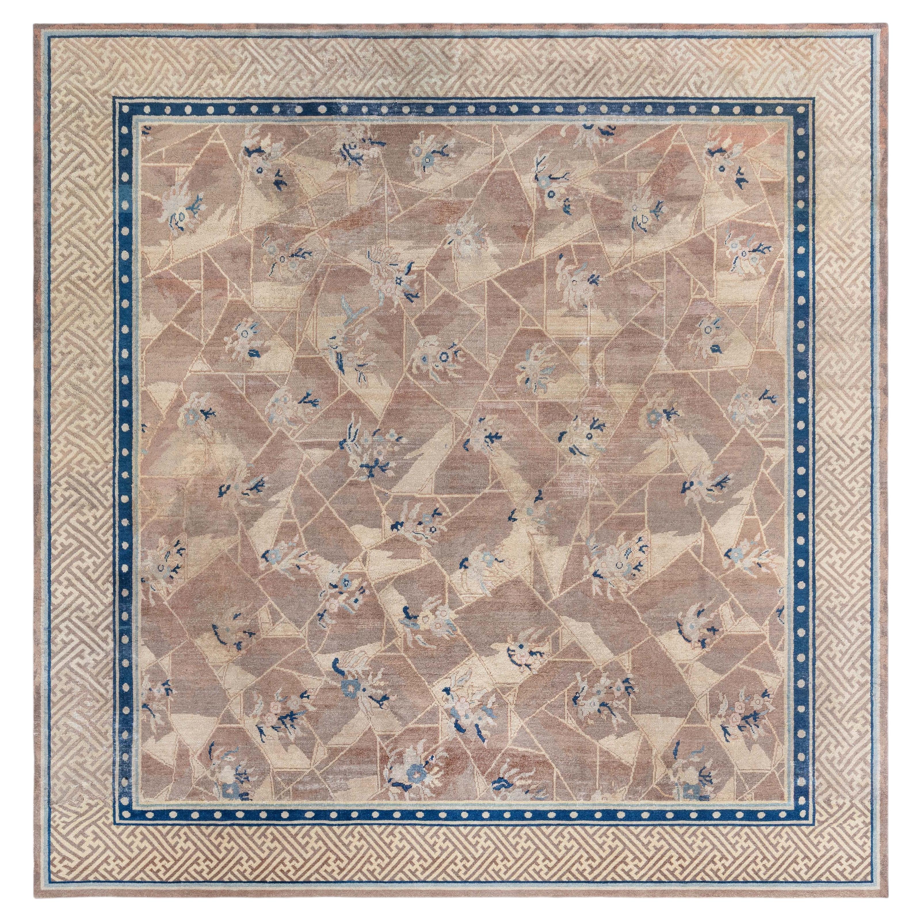 Doris Leslie Blau Vintage Chinese Art Deco Floral Warm Tan Hand-Knotted Wool Rug
