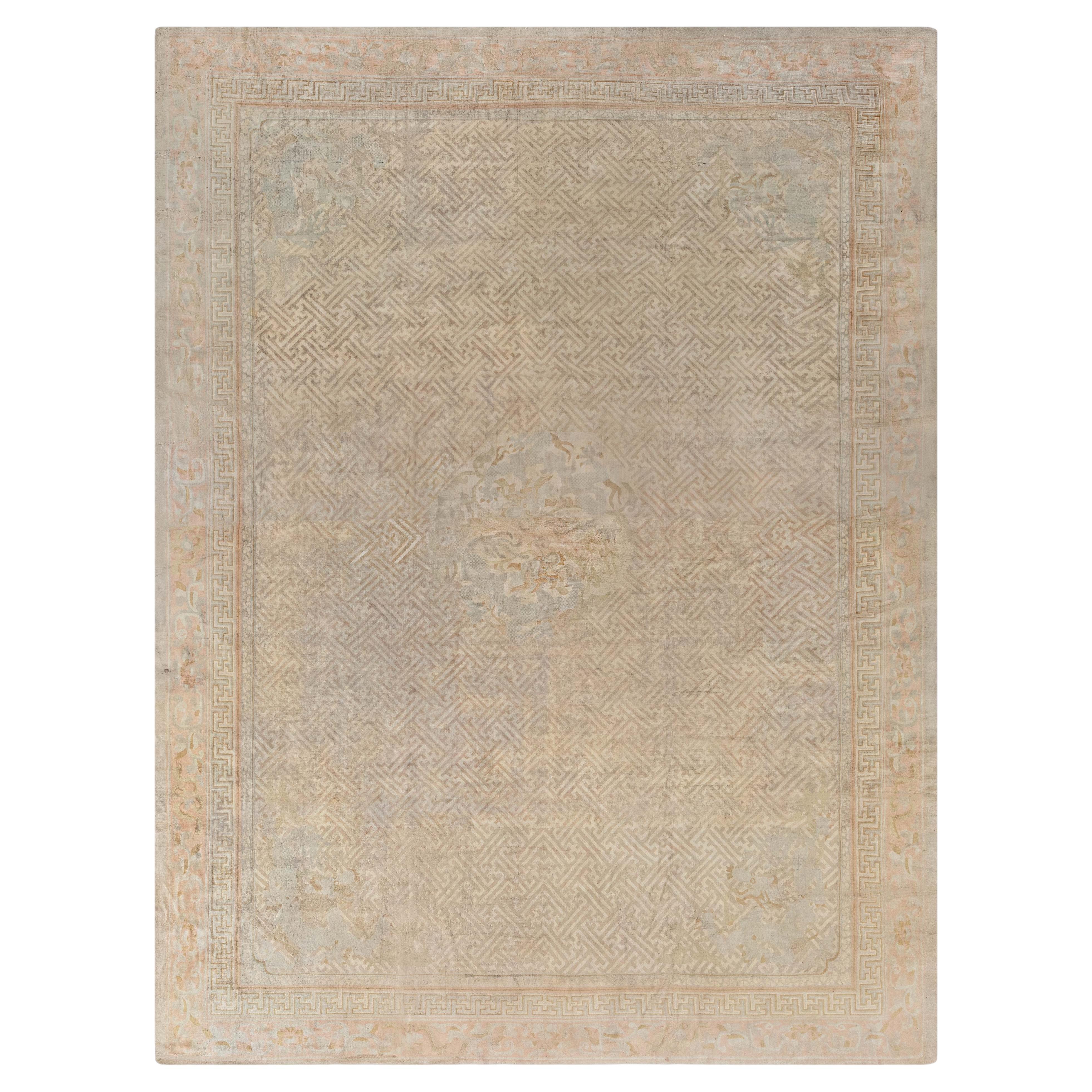 Doris Leslie Blau – Vintage-Teppich im chinesischen Art-déco-Stil mit geometrischem Muster, übergroß, hellbeige