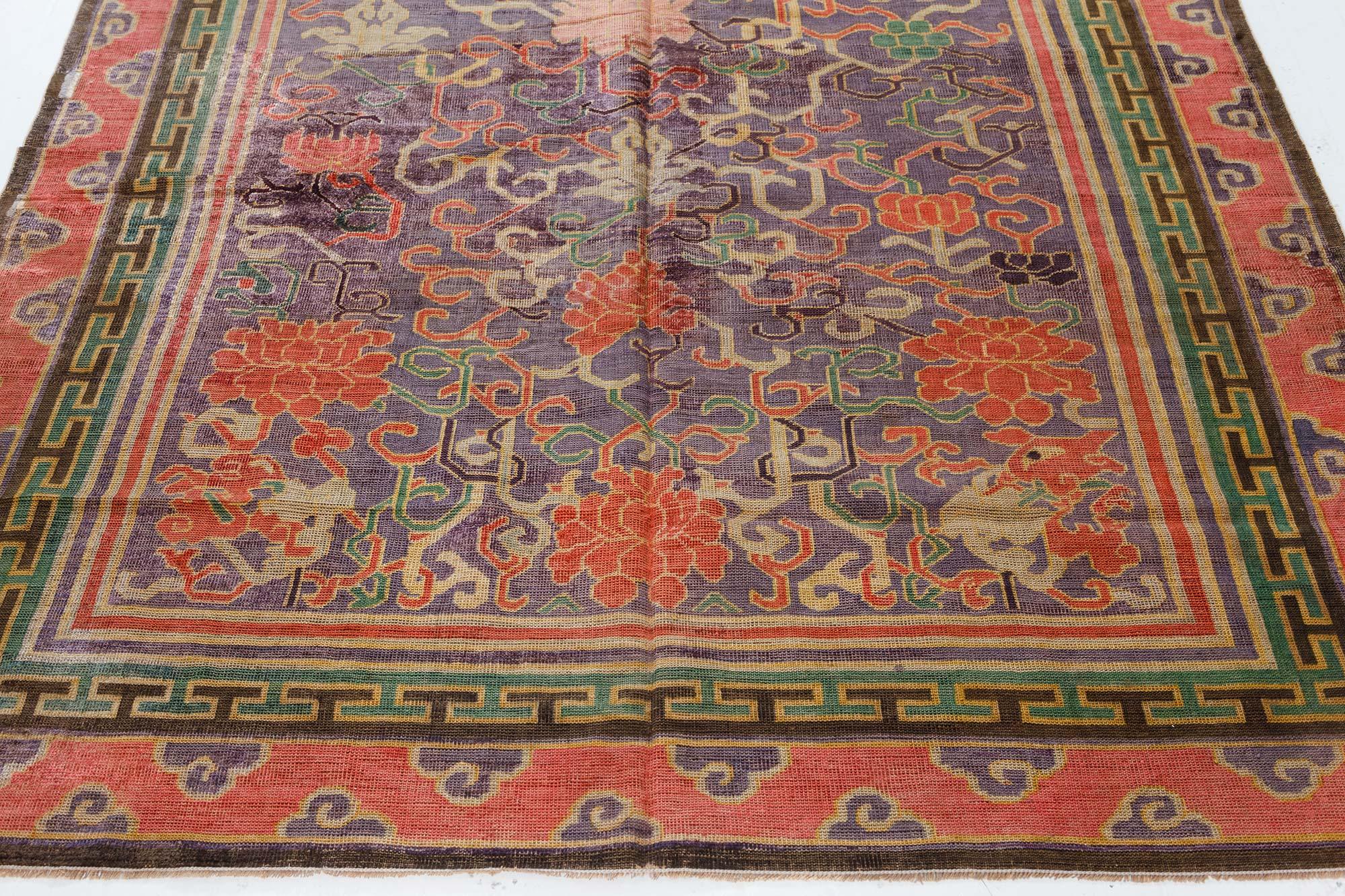 Vintage Chinese bold, botanic silk carpet in purple, red, beige, green
Size: 5'0