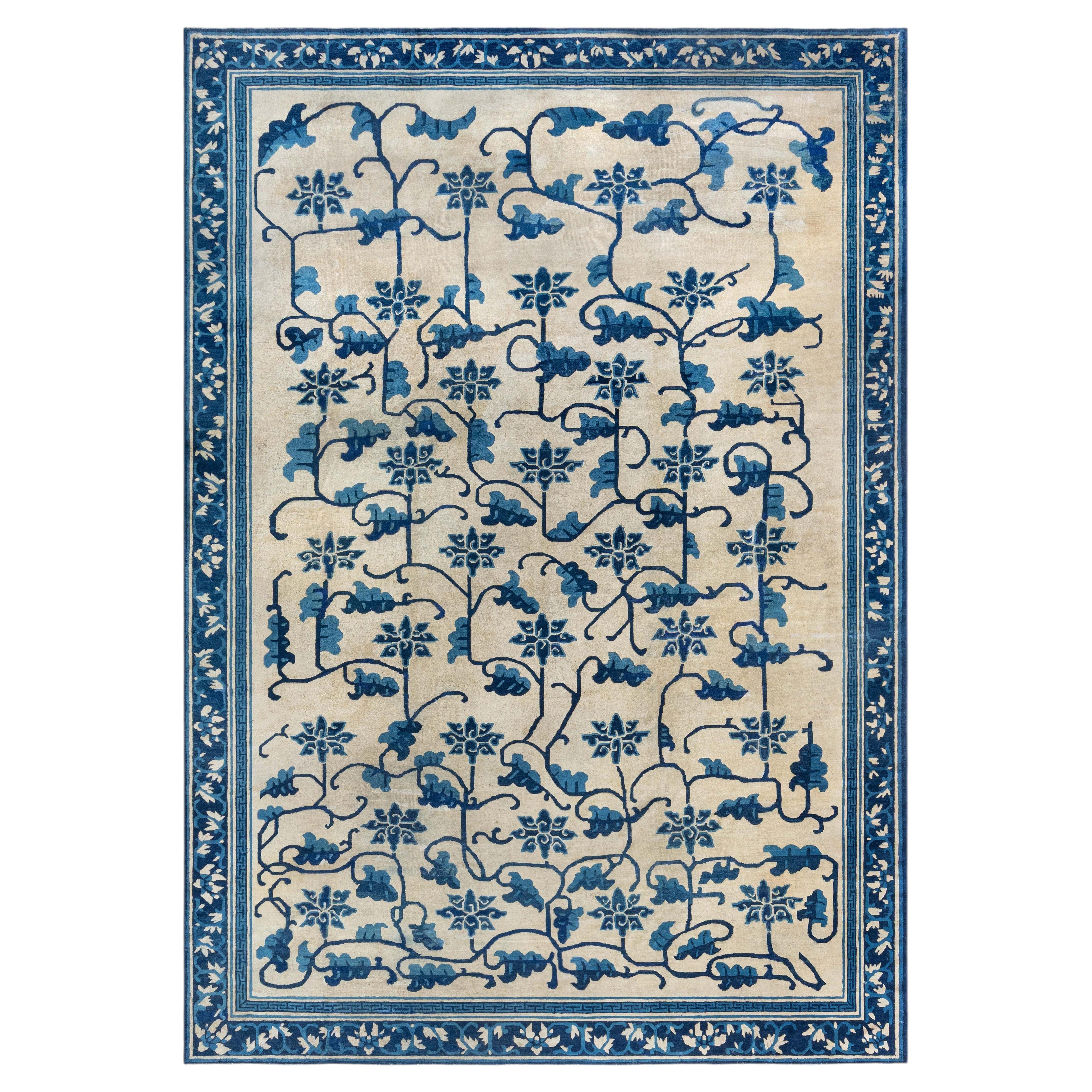 Doris Leslie Blau Vintage Chinese Floral Light Beige Hand-Knotted Wool Rug
