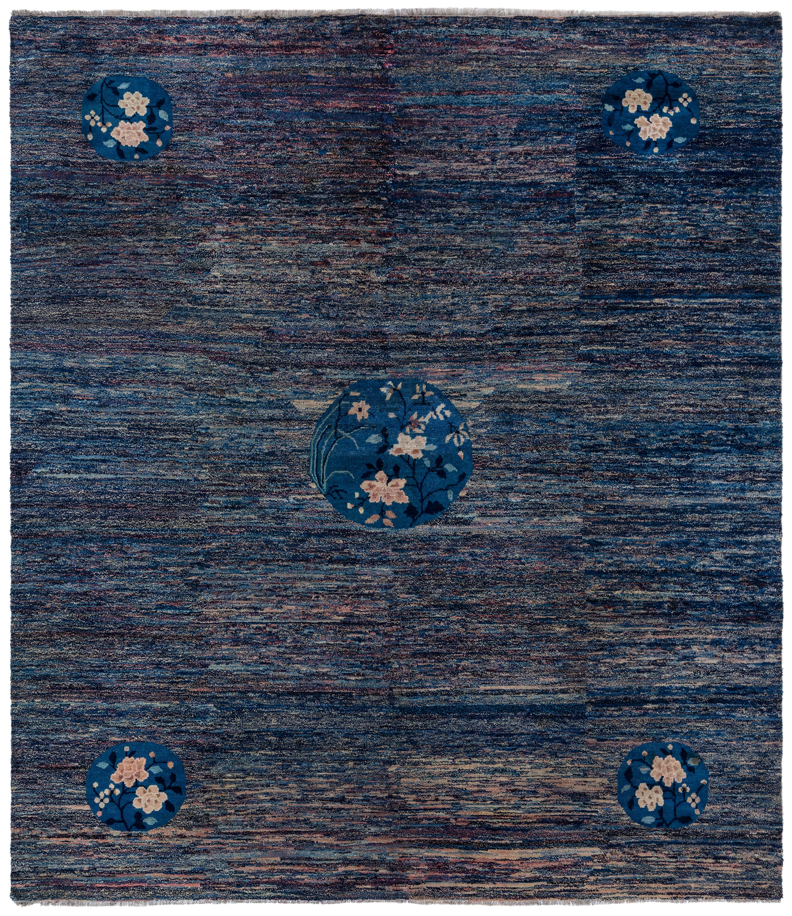 Doris Leslie Blau Vintage Chinese Floral Navy Blue Hand-Knotted Wool Rug