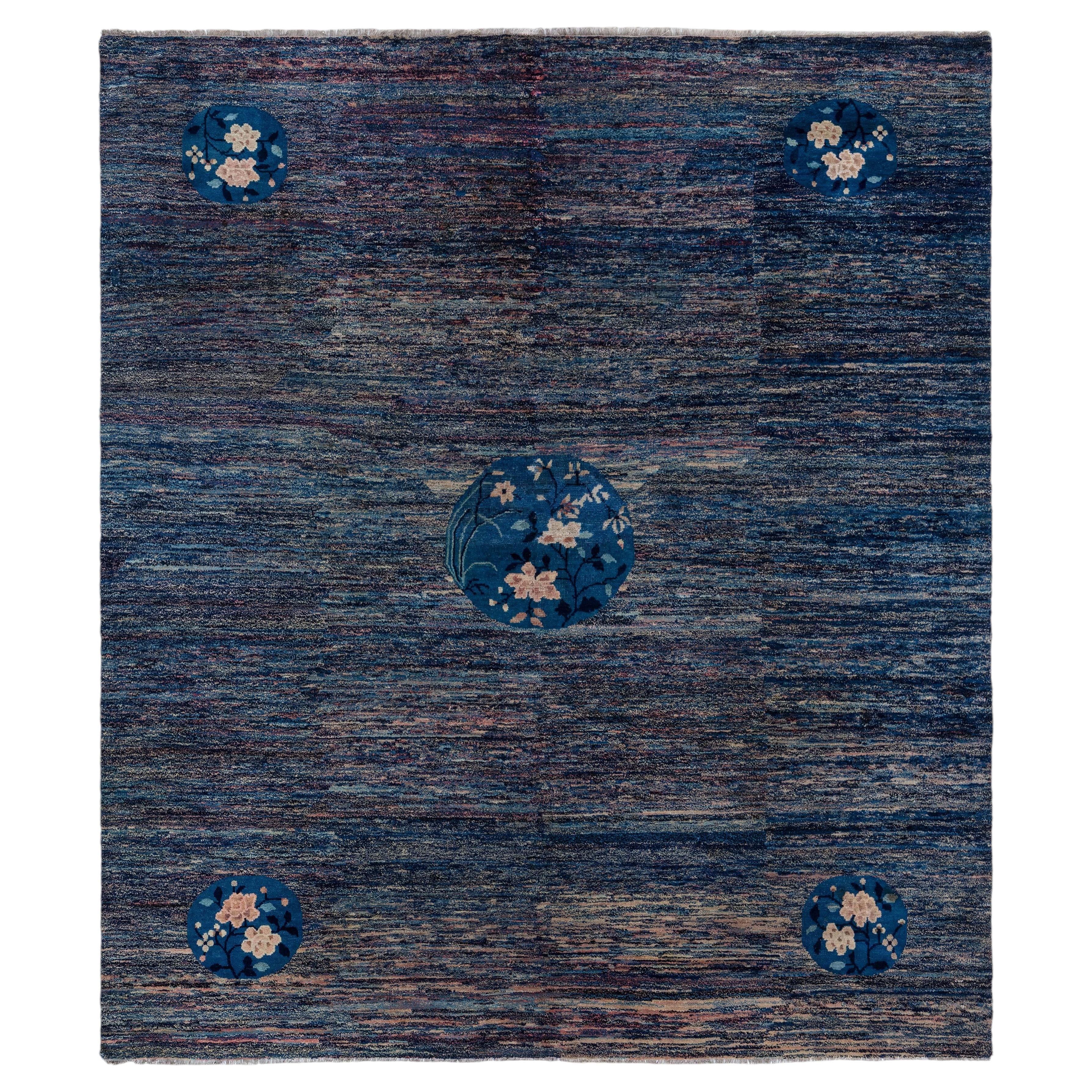 Doris Leslie Blau Vintage Chinese Floral Navy Blue Hand-Knotted Wool Rug For Sale