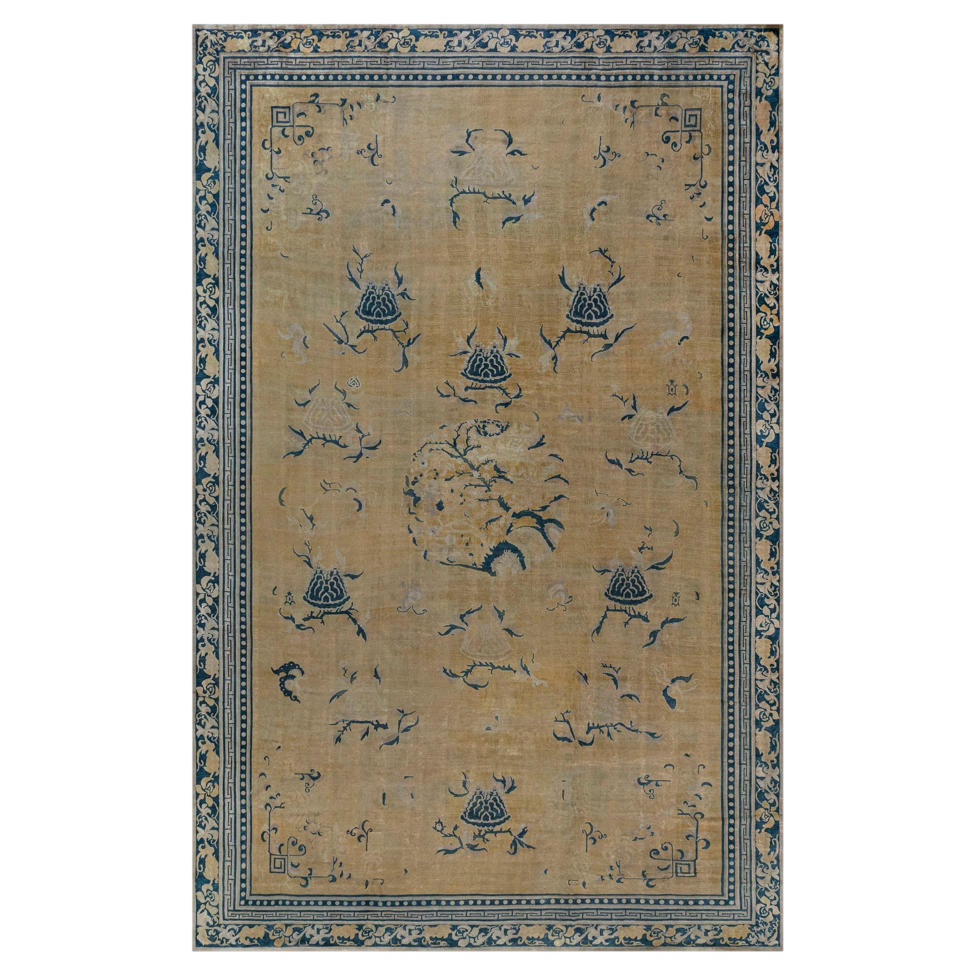 Doris Leslie Blau Vintage Chinese Floral Warm Tan Hand-Knotted Wool Rug Peking