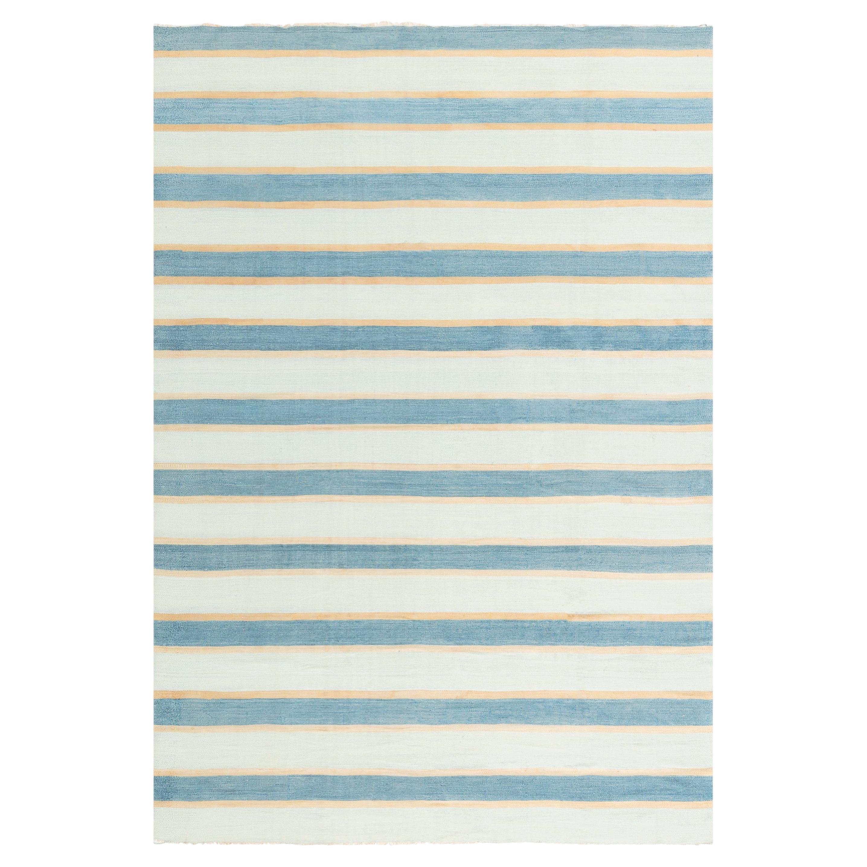 Doris Leslie Blau Vintage Dhurrie Striped Beige With Blue Flatweave Cotton Rug