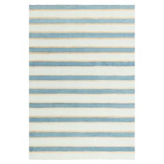 Doris Leslie Blau Vintage Dhurrie Striped Beige With Blue Flatweave Cotton Rug