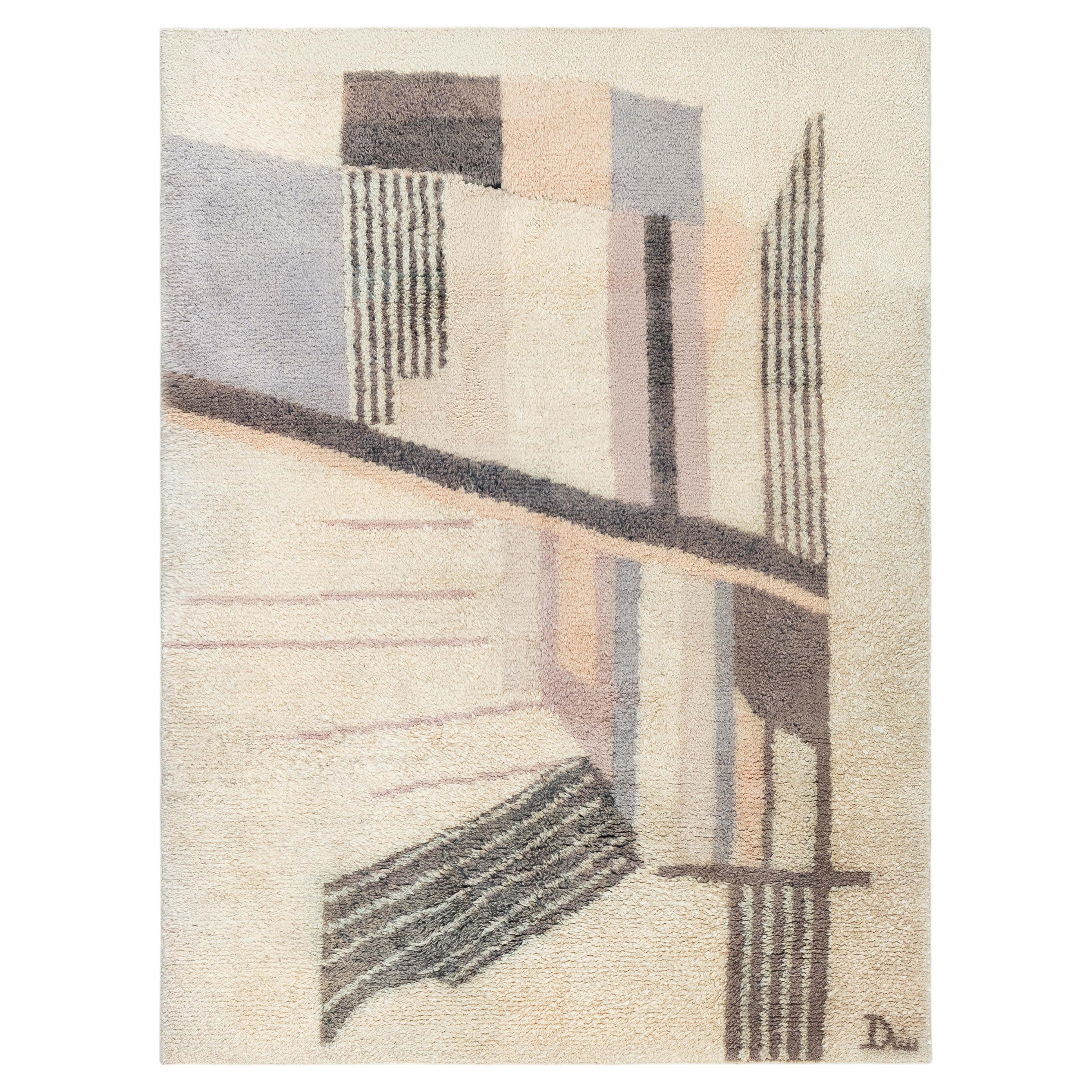 Doris Leslie Blau Vintage French Art Deco Abstract Light Beige Hand-Knotted Rug For Sale