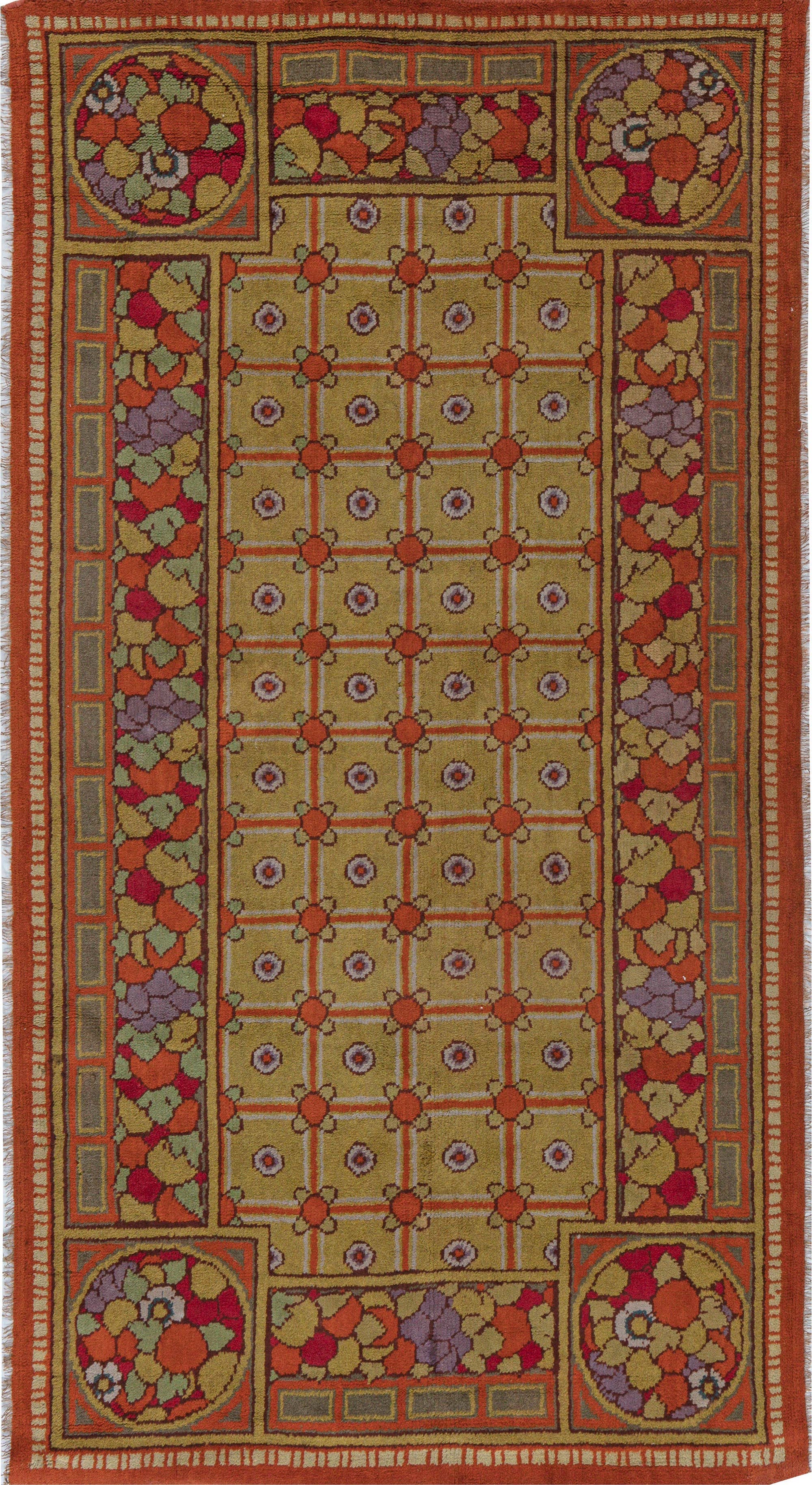 Doris Leslie Blau Vintage French Art Deco Floral Olive Hand-Knotted Wool Rug