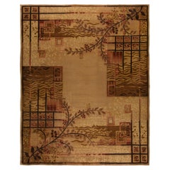 Doris Leslie Blau – Vintage-Teppich aus Frankreich im Art-Déco-Stil mit Blumenmuster, in warmem Beige, handgeknüpft aus Wolle